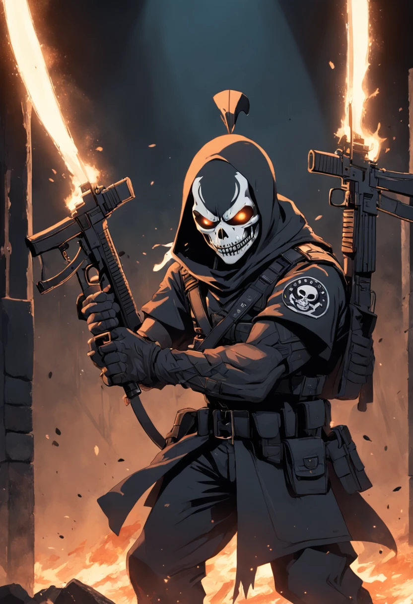 Um Policial com o rosto super detalhado de caveira sinistra, com os olhos super detalhados e sinistros, com um sorriso super detalhado e sinistro，With two daggers in his hands，Special Forces style, estilo assassino, Com um rifre de assalt fusil nas costas, Facing a super detailed penitentiary and catching fire, sinister and burning penitentiary, Penitentiary door similar to hell's gate, Credo dos Assassinos. Make sure there is no noise and that the lines are thick and sharp like contour art, (((pose interagindo e se apoiando [em uma objeto|em algo no ambiente]))), foco em um quadro vertical da imagem."((corpo inteiro):1.5). 16k, UHD, best possible quality, ((best possible detail):1), best possible resolution, Motor Unreal 5, fotografia profissional, perfeito_Hands, (perfeito:1.2)