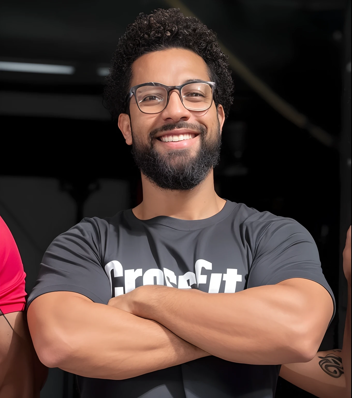 There's a man with a beard and glasses standing with his arms crossed, musculoso! CrossFit, foto do perfil, taken in the early 2020s, em um fundo escuro, imagem de perfil, Cristiano Orrillo, david rios ferreira, foto headshot, andrew gonzalez, athletic crossfit build, foto de perfil headshot, icaro carvalho, Henri Moore, 3d animation, avatar