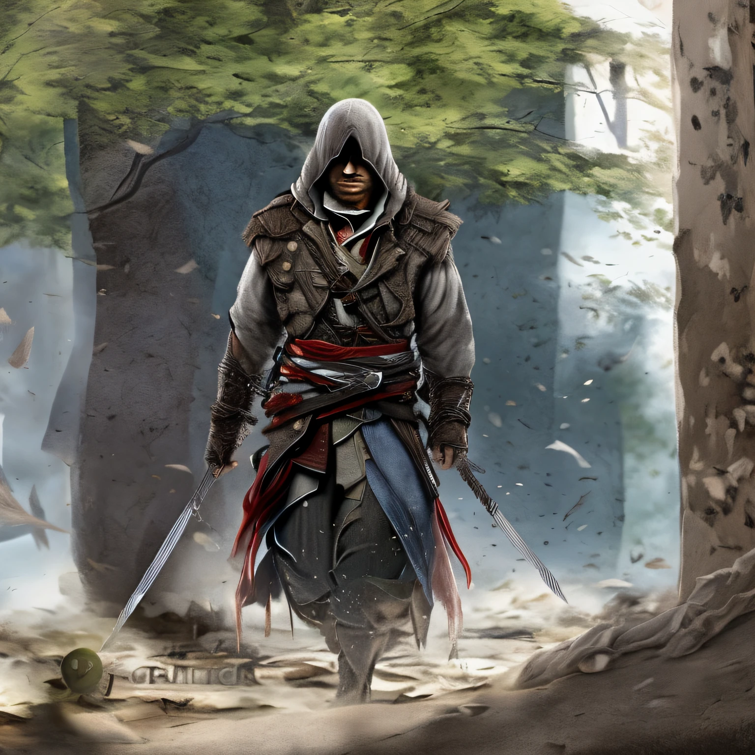 (assassin's creed:0.8, man:1.2, redhead:1.3), Belo Horizonte, Brazil, deeply forested, mystery, night, sharp silhouette, total darkness, haunting, malicious