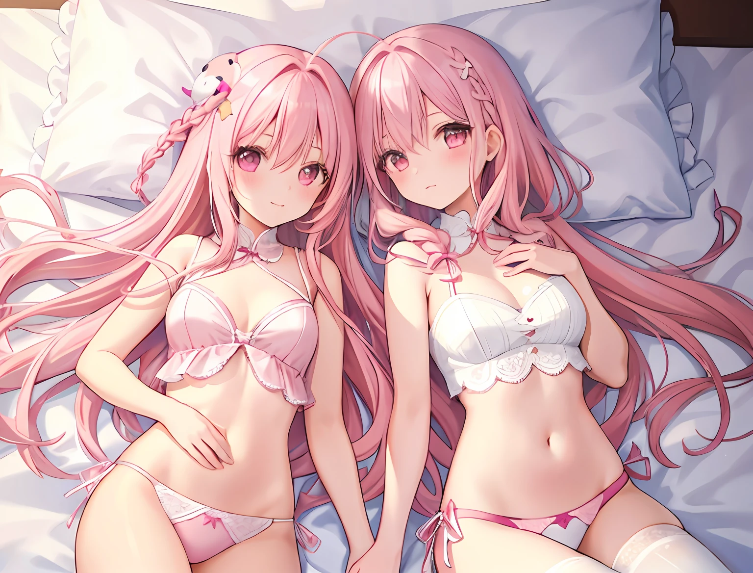 2girls，Girl1：，adolable，A pink-haired，long whitr hair，girl 2：A pink-haired，long whitr hair，Touch each other's chests，Lace lingerie panties，