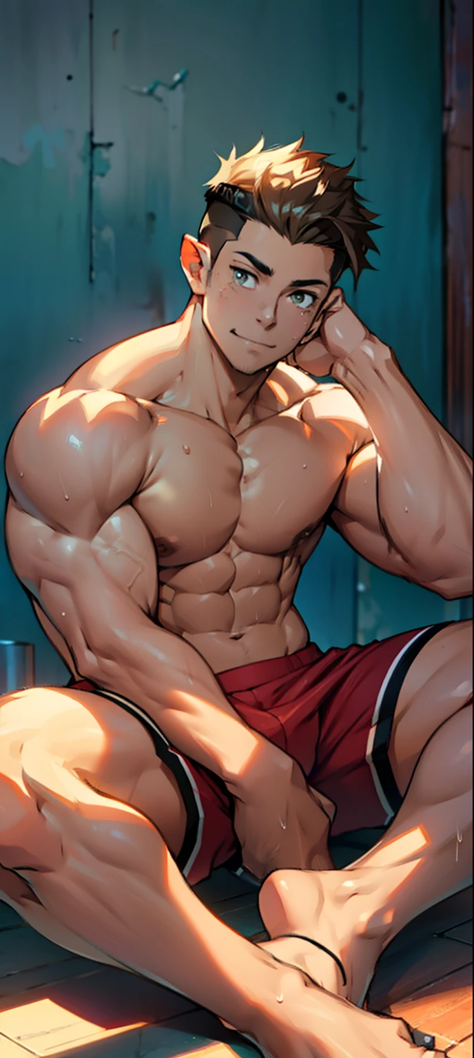 (photo corner up) (highest quality image) elf boy, young, teen, wearing boxer briefs, anime image, sitting on the floor, legs wide, cute baby face  , undercut hair, huge muscular chest muscles, big strong thighs, strong hamstrings, strong hamstrings, super giant body, well developed muscles, clear 8-pack abs  , height 3 meters, topless, rosy skin, shiny skin, dripping sweat, hands scratching head, no shoes, no beard