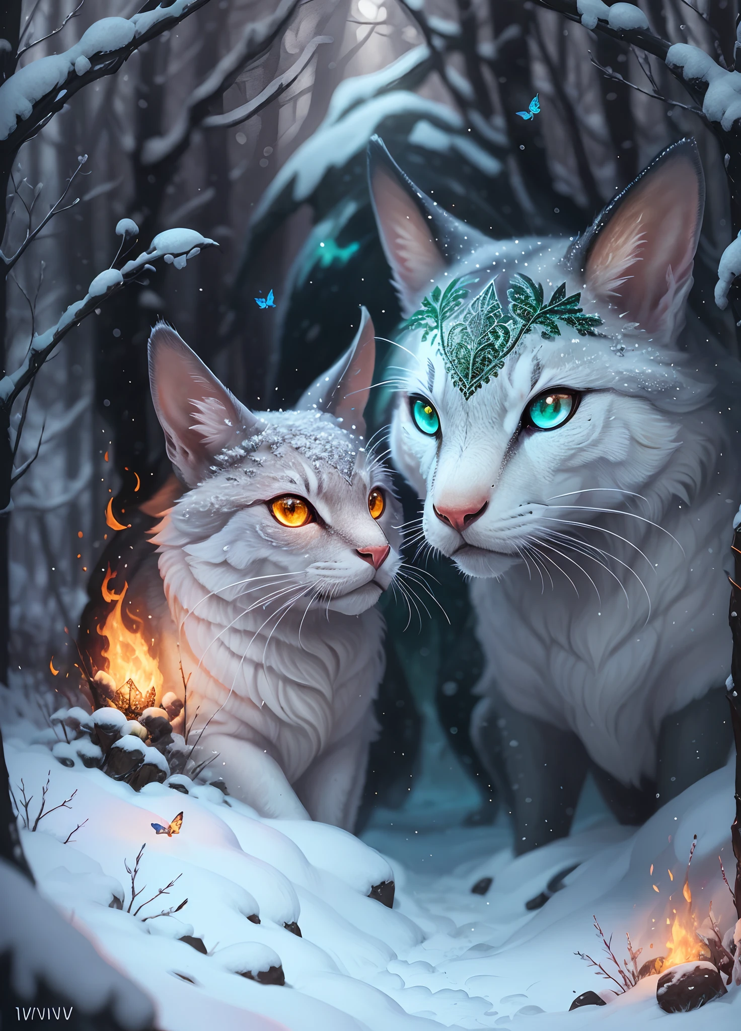luminism, fantasy acrylic, green, highly detailed creature Midwinter Midsummer cute creature surrounded by midsummer midwinter landscape, flames behind, by Craola, WLOP, Greg Rutkowski big reflective eyes, leaves, multicolored, orange, bright yellow red, flowers, butterflies bright orange, forest, snow, sunlight, sunrays, fantasy, dynamic lighting, lights, digital painting, intricate pose, highly detailed, by ivv, filigree, intricate --auto --s2