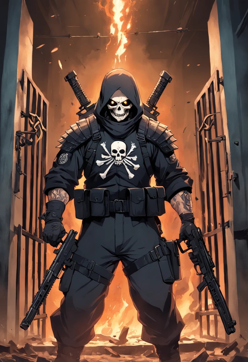 Um Policial com o rosto super detalhado de caveira sinistra, com os olhos super detalhados e sinistros, com um sorriso super detalhado e sinistro，With two daggers in his hands，Special Forces style, estilo assassino, Com um rifre de assalt fusil nas costas, weapons in the correct position of the hands, Facing a super detailed penitentiary and catching fire, sinister and burning penitentiary, Penitentiary door similar to hell's gate, arte de splash do personagem，A arte do assassinato，Credo dos Assassinos. Make sure there is no noise and that the lines are thick and sharp like contour art, (((pose interagindo e se apoiando [em uma objeto|em algo no ambiente]))), foco em um quadro vertical da imagem."((corpo inteiro):1.5). 16k, UHD, best possible quality, ((best possible detail):1), best possible resolution, Motor Unreal 5, fotografia profissional, perfeito_Hands, (perfeito:1.2)