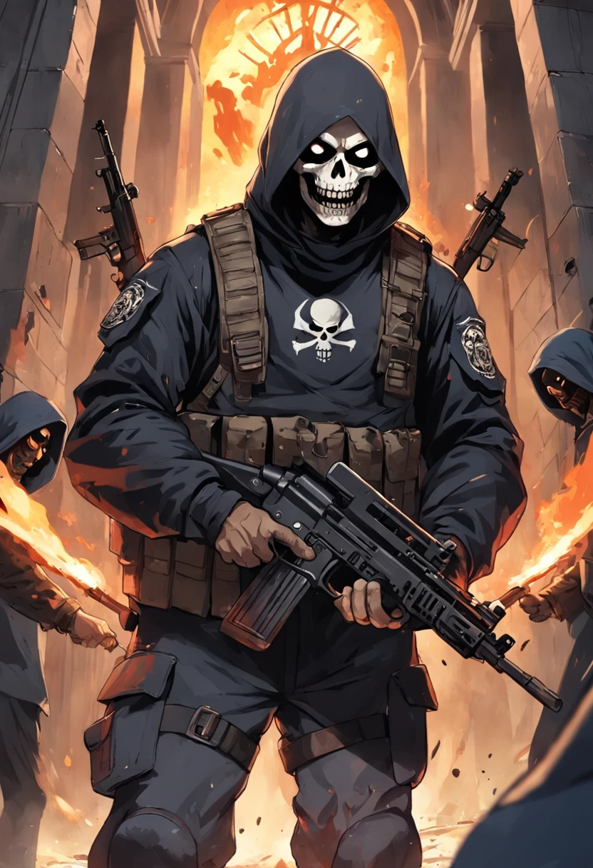 Um Policial com o rosto super detalhado de caveira sinistra, com os olhos super detalhados e sinistros, com um sorriso super detalhado e sinistro，With two daggers in his hands，Special Forces style, estilo assassino, Com um rifre de assalt fusil nas costas, weapons in the correct position of the hands, Facing a super detailed penitentiary and catching fire, sinister and burning penitentiary, Penitentiary door similar to hell's gate, arte de splash do personagem，A arte do assassinato，Credo dos Assassinos. Make sure there is no noise and that the lines are thick and sharp like contour art, (((pose interagindo e se apoiando [em uma objeto|em algo no ambiente]))), foco em um quadro vertical da imagem."((corpo inteiro):1.5). 16k, UHD, best possible quality, ((best possible detail):1), best possible resolution, Motor Unreal 5, fotografia profissional, perfeito_Hands, (perfeito:1.2)