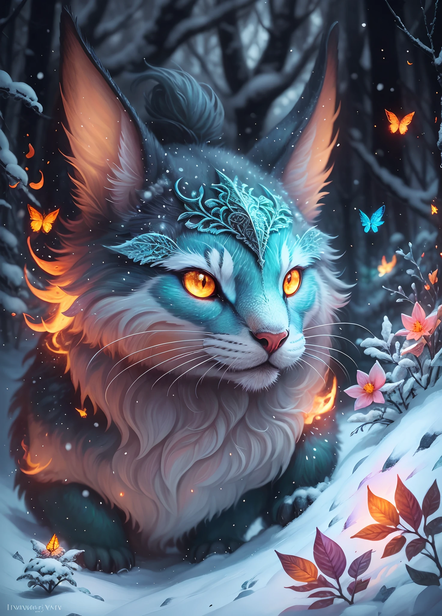 luminism, fantasy acrylic, green, highly detailed creature Midwinter Midsummer cute creature surrounded by midsummer midwinter landscape, flames behind, by Craola, WLOP, Greg Rutkowski big reflective eyes, leaves, multicolored, orange, bright yellow red, flowers, butterflies bright orange, forest, snow, sunlight, sunrays, fantasy, dynamic lighting, lights, digital painting, intricate pose, highly detailed, by ivv, filigree, intricate --auto --s2
