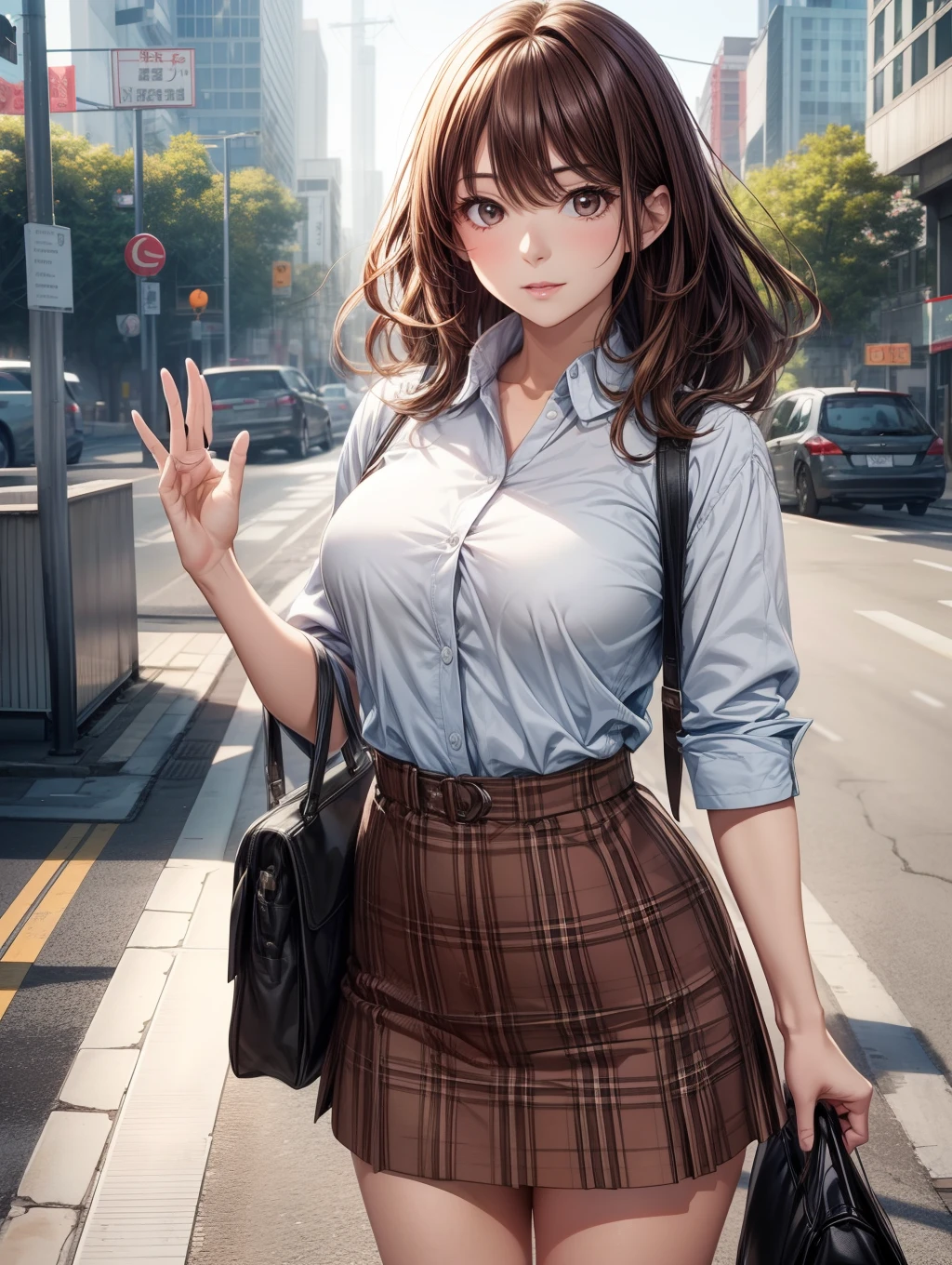 Best Quality, masutepiece, Beautiful Mature Woman 1、Beautiful face、Strong-minded woman、Office Suits、brown haired、Brown-eyed、Medium Hair、40 years、In front of the station、Full body like、Raise your hand lightly in greeting