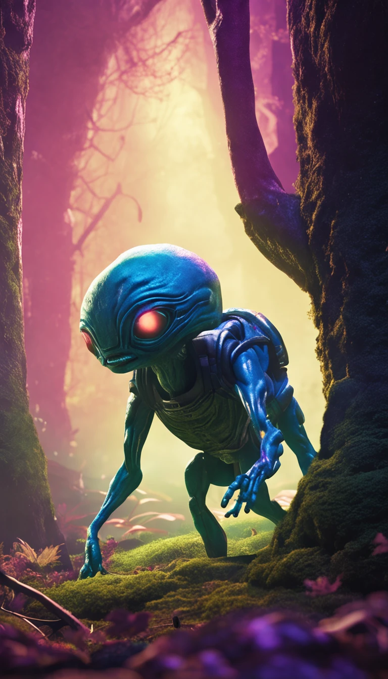 an alien in the woods with glowing eyes
