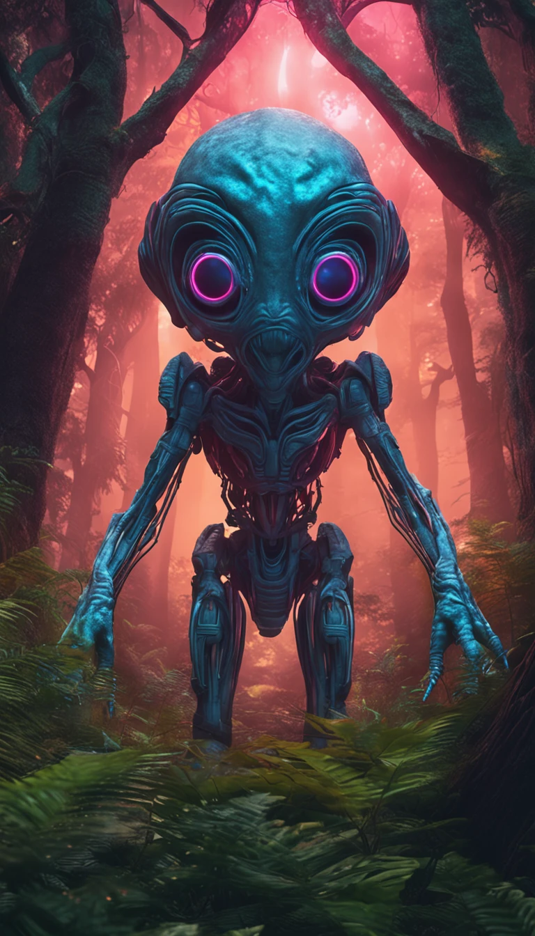 an alien in the woods with glowing eyes