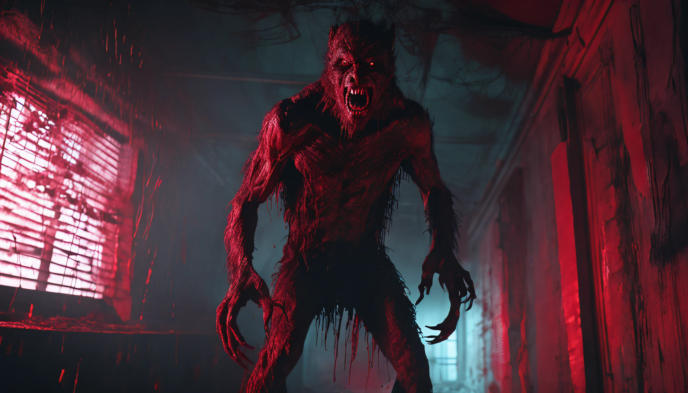 "Terrifying horror art of a full-bodied werewolf with sharp teeth, set in a dark ambient abandoned building. Standing in horrifying pose, red liquid"