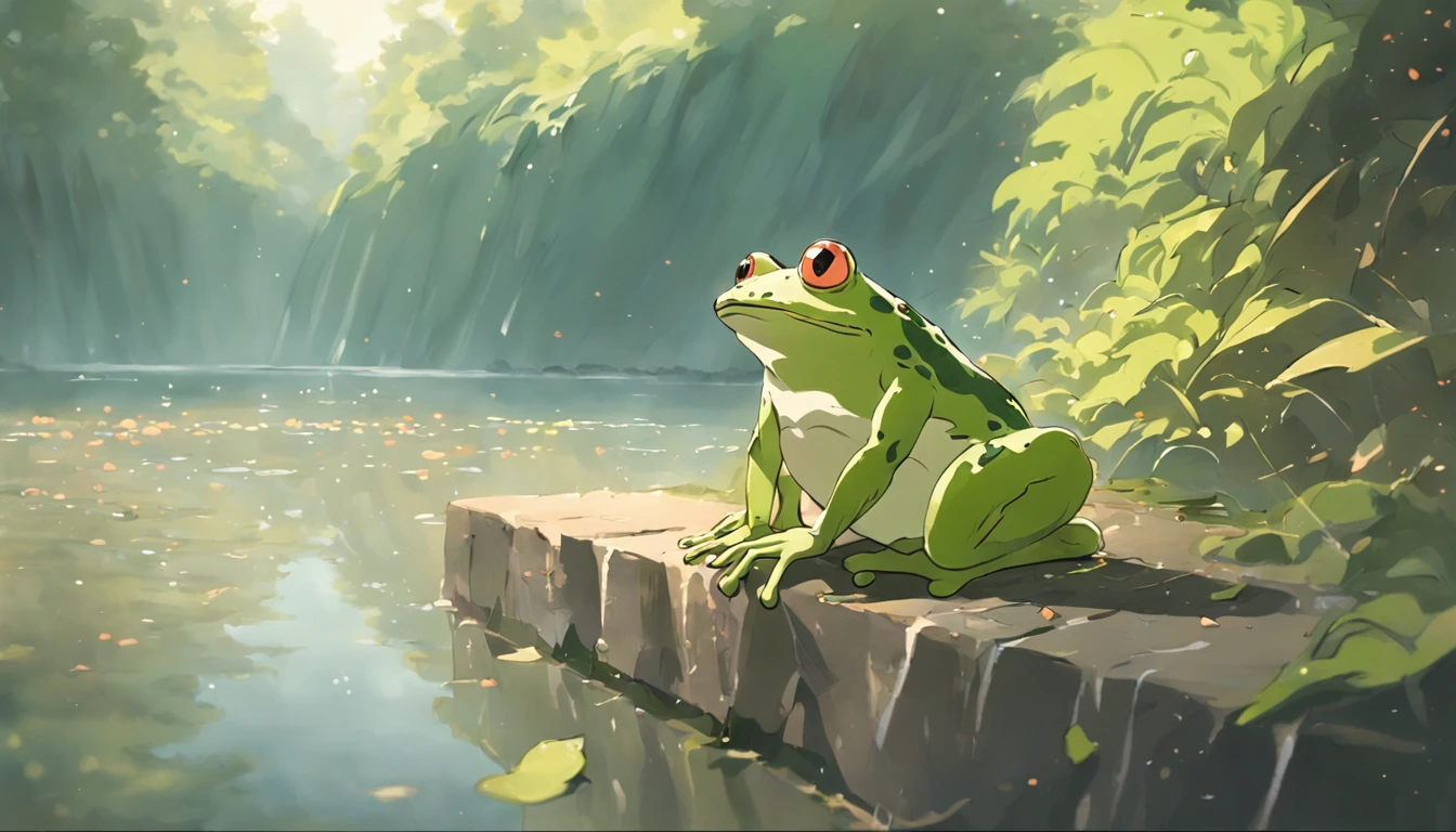 clothed frog sitting next to a dam fishing,