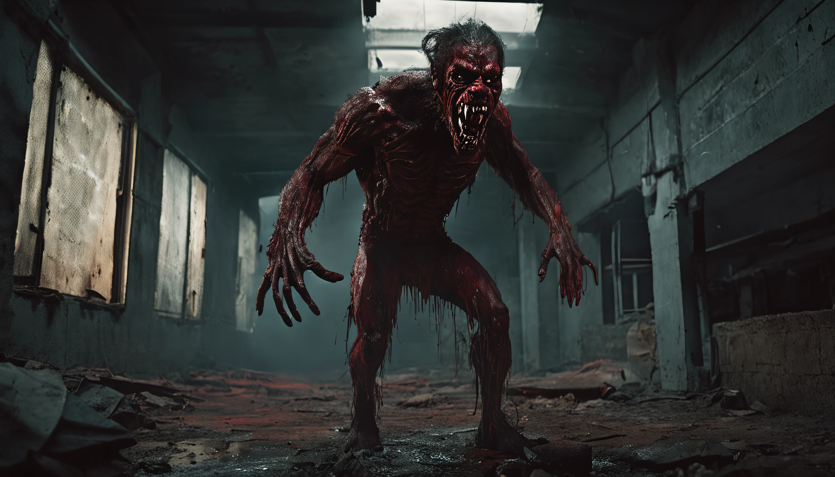 "Terrifying horror art of a full-bodied werewolf with sharp teeth, set in a dark ambient abandoned building. Standing in horrifying pose, red liquid"