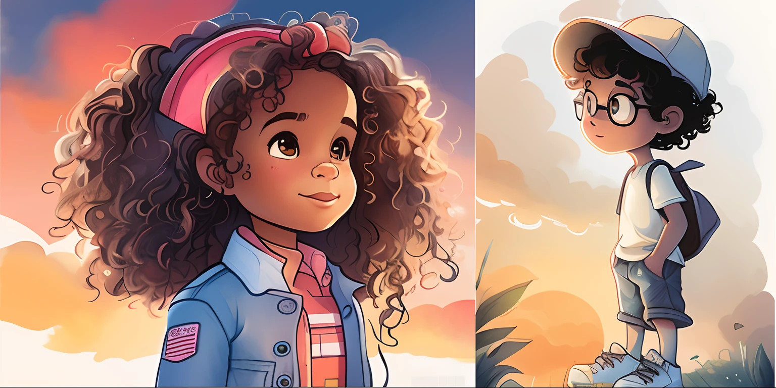 There are two pictures of a girl with curly hair and a hat, Arte infantil em Artstation, inspirado em Lois van Baarle, Lois van Baarle e Rossdraw, arte ilustrativa, Rhats e Lois van Baarle, arte conceitual dos desenhos animados, digital illustrations, estilo de arte dos desenhos animados, design de personagem retrato, Cartoon style illustration, pinturas detalhadas do guache