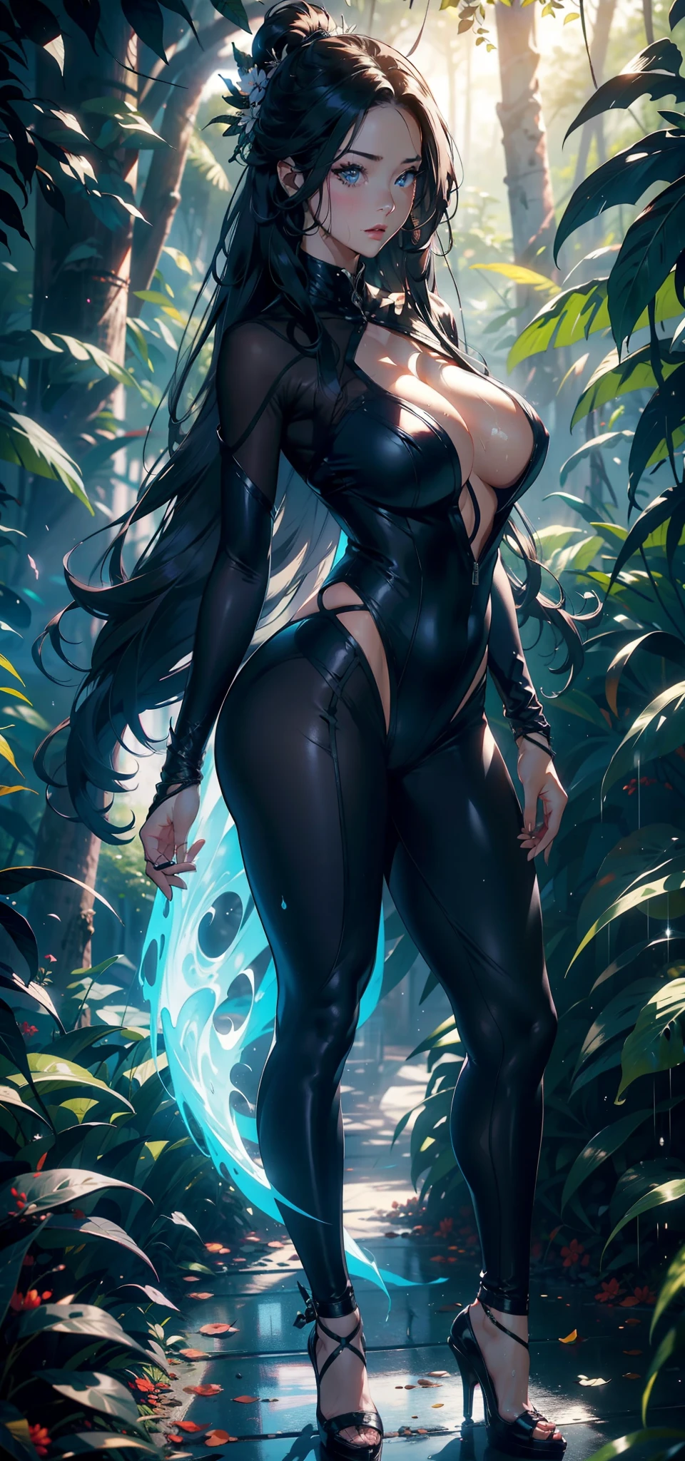 1female，35yo，Slim，熟妇，gigantic cleavage breasts，Big breasts Thin waist，slenderlegs，Pornographic exposure， 独奏，（Background with：ln the forest，the rainforest，in summer） She has long black hair，standing on your feet，Sweat profusely，drenched all over the body，seen from the front， hair straight， mostly cloudy sky，（（（tmasterpiece），（Very detailed CG unity 8K wallpaper），best qualtiy，cinmatic lighting，detailed back ground，beatiful detailed eyes，Bright pupils，（Very fine and beautiful），（Beautiful and detailed eye description），ultra - detailed，tmasterpiece，）），facing at camera，（Full body photo），Show shoes，A high resolution，ultra - detailed），revealing breasts，Bare genitalia，  Bulge，legs are open，Raised sexy，Camel toes，Flushed complexion，Open-mouthed，frontage，sorceress woman（Wearing：White loose shirt，Black jumpsuit，high-heels），full bodyesbian，Show shoes