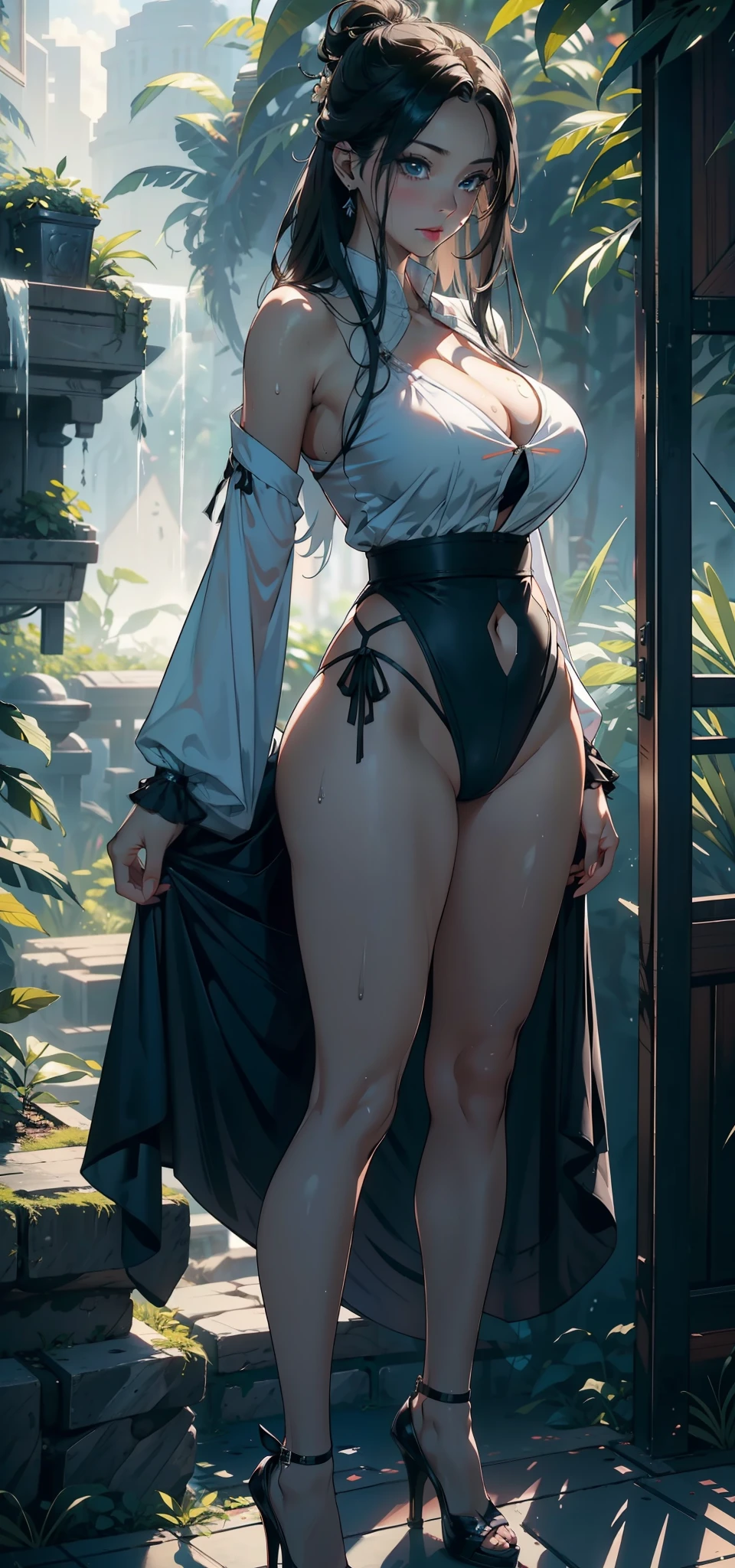 1female,35yo,Slim,熟妇,gigantic cleavage breasts,Big breasts Thin waist,slenderlegs,Pornographic exposure, 独奏,(Background with:ln the forest,the rainforest,in summer) She has long black hair,standing on your feet,Sweat profusely,drenched all over the body,seen from the front, hair straight, mostly cloudy sky,(((tmasterpiece),(Very detailed CG unity 8K wallpaper),best qualtiy,cinmatic lighting,detailed back ground,beatiful detailed eyes,Bright pupils,(Very fine and beautiful),(Beautiful and detailed eye description),ultra - detailed,tmasterpiece,)),facing at camera,(Full body photo),Show shoes,A high resolution,ultra - detailed),revealing breasts,Bare genitalia, Bulge,legs are open,Raised sexy,Camel toes,Flushed complexion,Open-mouthed,frontage,sorceress woman(Wearing:White loose shirt,Black jumpsuit,high-heels),full bodyesbian,Show shoes