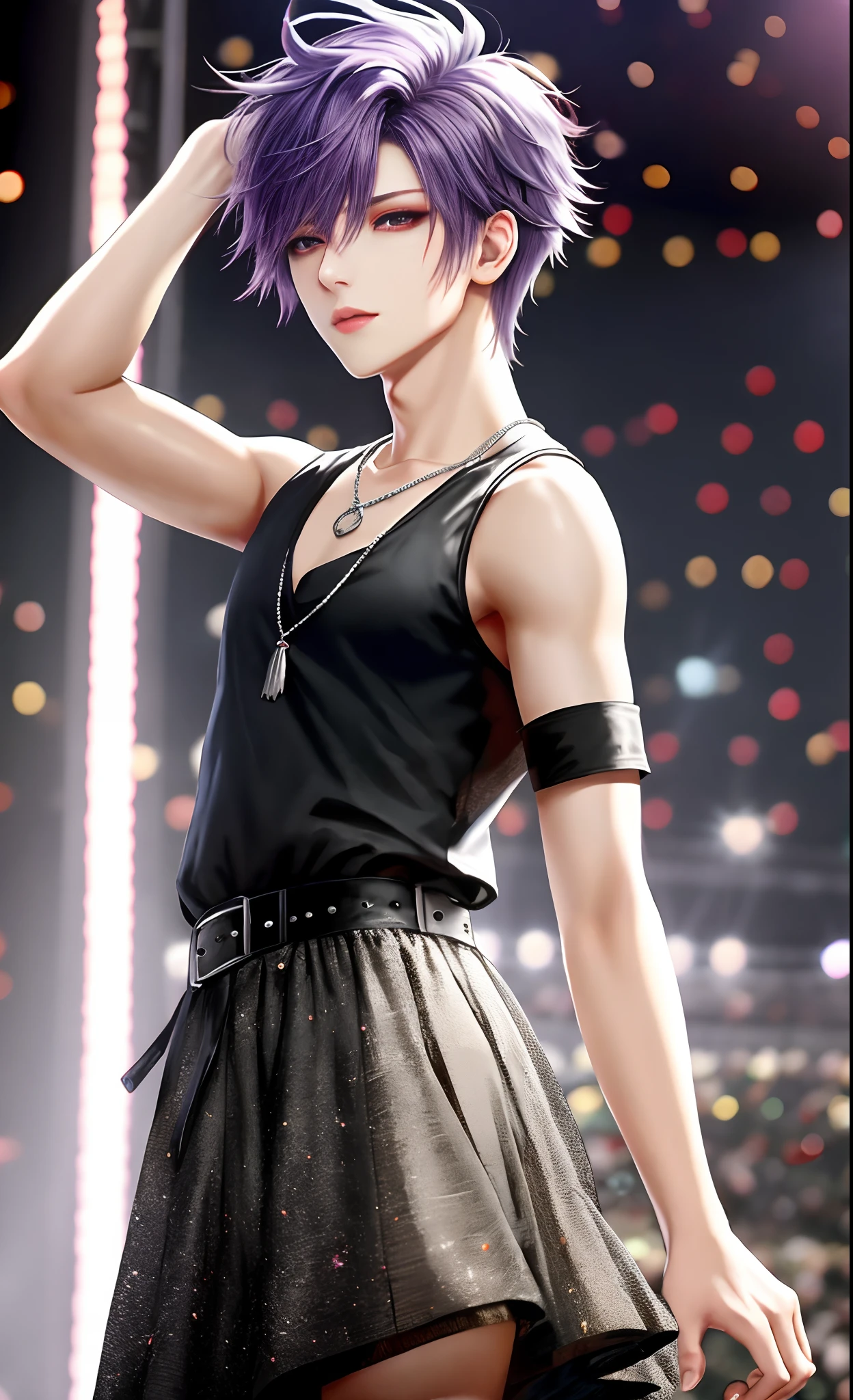 During a concert on stage, Idol Photos, Professional Photos, shot from back, Photographed so that the whole body can be seen, shot from back, At Fed Man with Necklace, inspired by Sim Sa-jeong, androgynous vampire, :9 detailed face: 8, extra detailed face, detailed punk hair, ((Gray)) baggy eyes, Seductive. Highly detailed, semi realistic anime, Vampires, hyperrealistic teen, delicate androgynous prince, imvu, Bright purple hair, Gray eyes, Black Casual Korean Men's Fashion((Plain clothe)), Microphone in one hand, Hiding both eyes with bangs, I can't see both eyes with bangs, Long bangs, short hair above the ears, Glaring expression, Wild look, looking distantly, high-level image quality, masterpiece, ((1 male human))