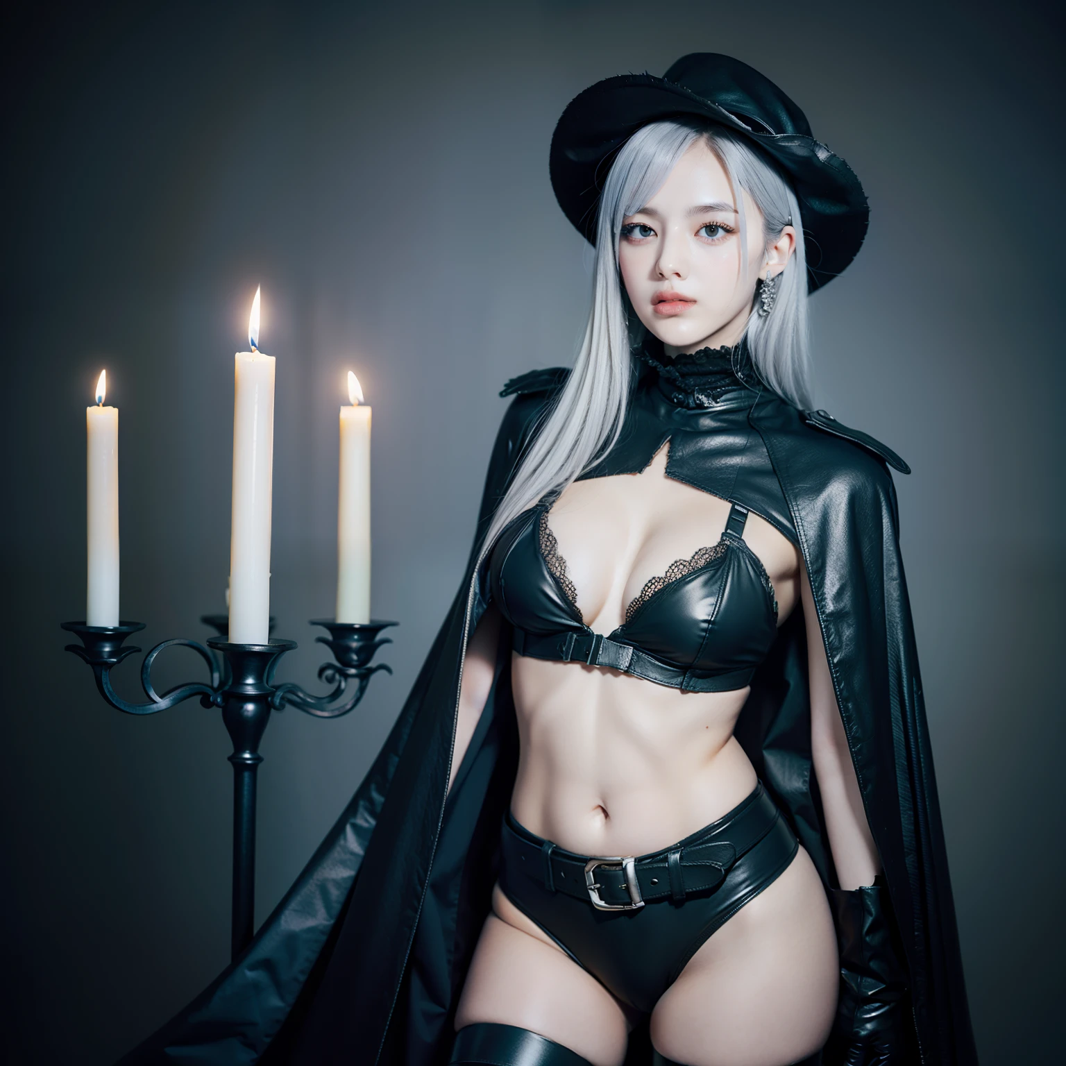 photorealistic, high resolution, soft light,1women, solo, hips up, (detailed face), silver hair, edgBB, torn clothes, coat, vambraces, black capelet, capelet, hunter (bloodborne), black gloves, arms at sides, tricorn hat pointed at the front, belt, woman wearing edgBB_outfit, bloody neckcloth, dark, candles, jewelry