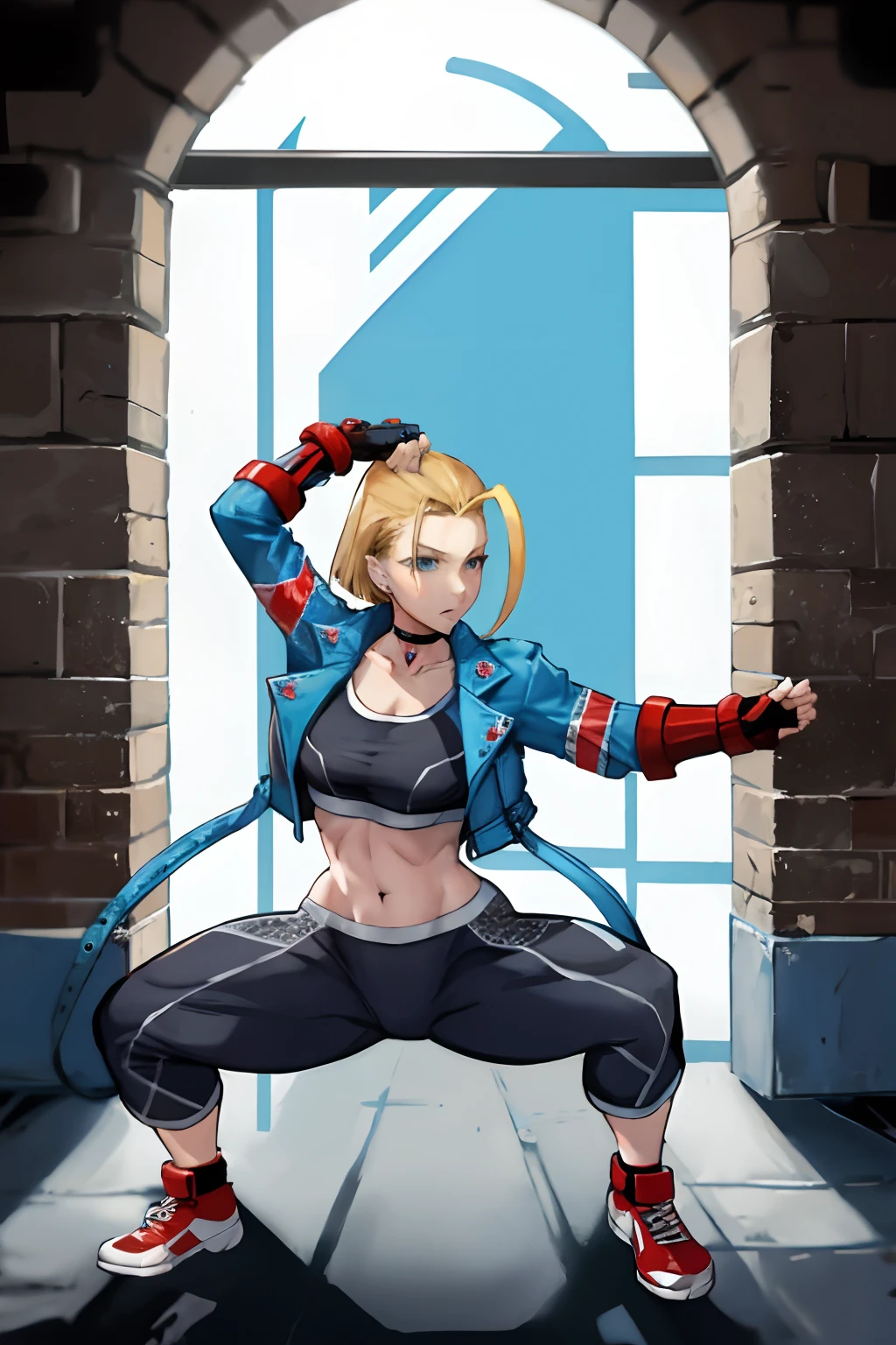 cammy white, short hair, antenna hair, blue eyes, scar on cheek, large breasts, black choker, collarbone, blue jacket, cropped jacket, open jacket, sports bra, midriff, fingerless gloves, black gloves, black pants