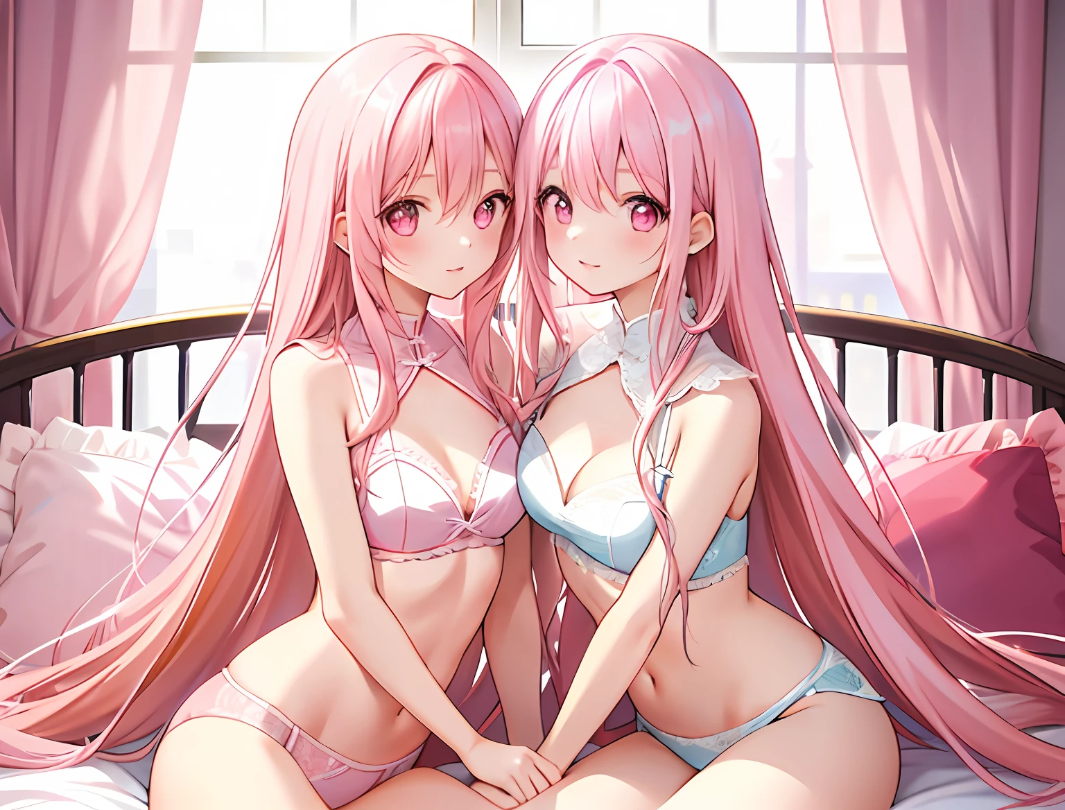 2girls,Girl1:,adolable,A pink-haired,long whitr hair,girl 2:A pink-haired,long whitr hair,Touch each other's chests,Lace lingerie panties,