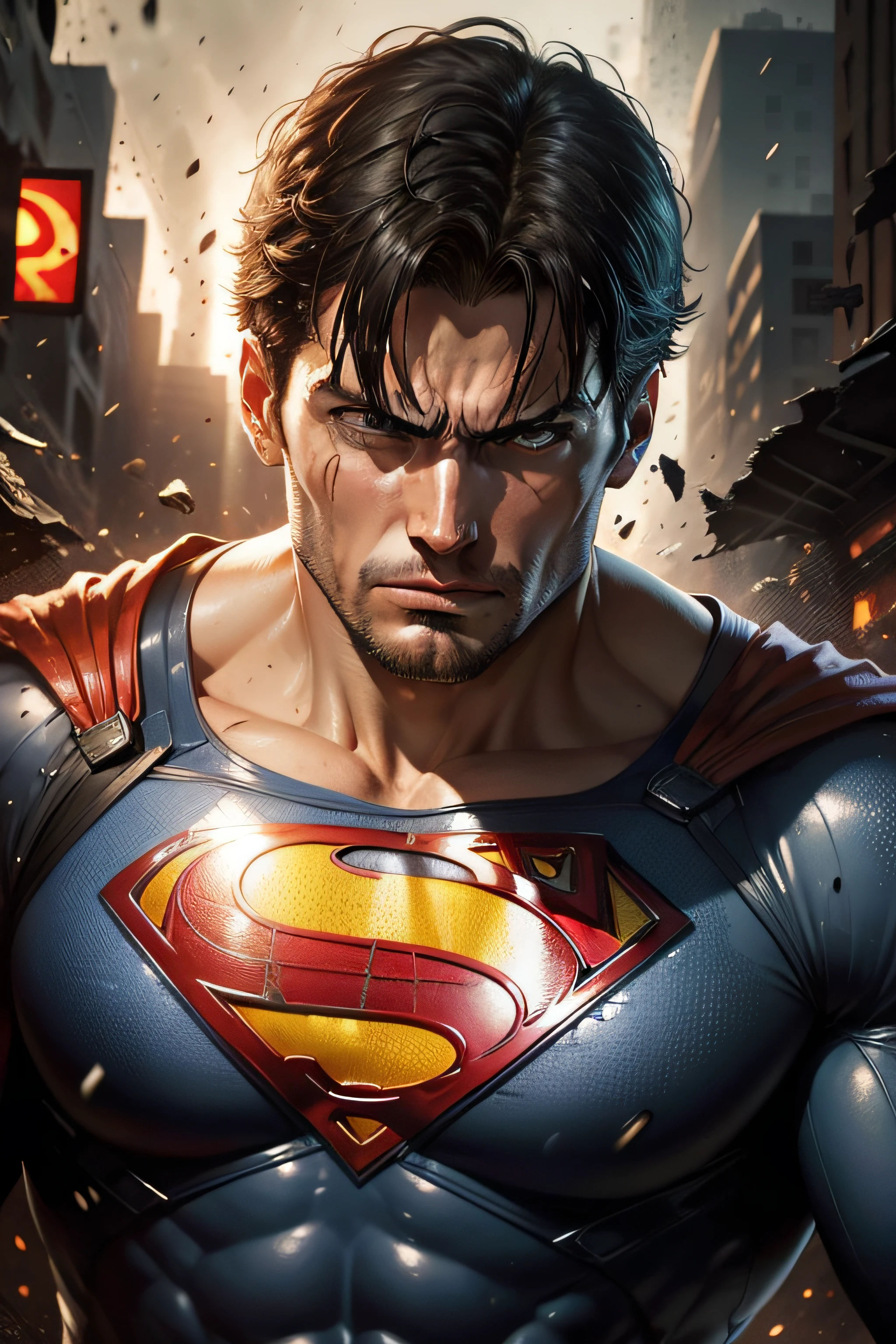 Drawing inspiration modern comic artists lee bermejo, superman angry  expression, nostalgia, destroyed city streets, rain,explosion, broken glass,dust. while emphasizing elements of deep digital painting layers,soft ambient lighting, vibrant colors,,illustrationsdxlNijiV3_sdxlNijiV3