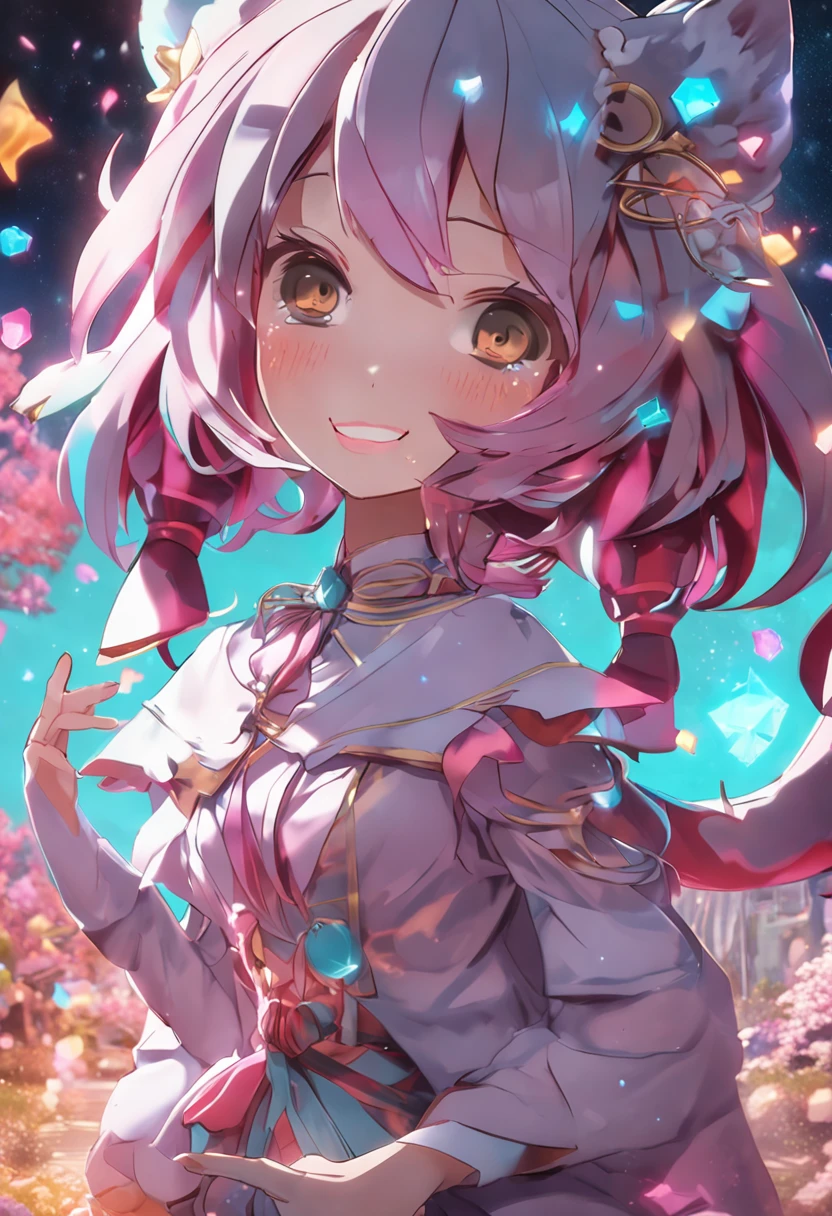 anime, gatinho bonito ,Corar, Feliz, preciso, Pirilampos, corpo inteiro, Ondas, Epic composition, magica, colorful magic circle, fantasia, Starry sky, retrato, ..3d, 16k, hyper realistic, High definition, ultra detalhado, Directed by: Ryusei Hase, sem antecedentes
