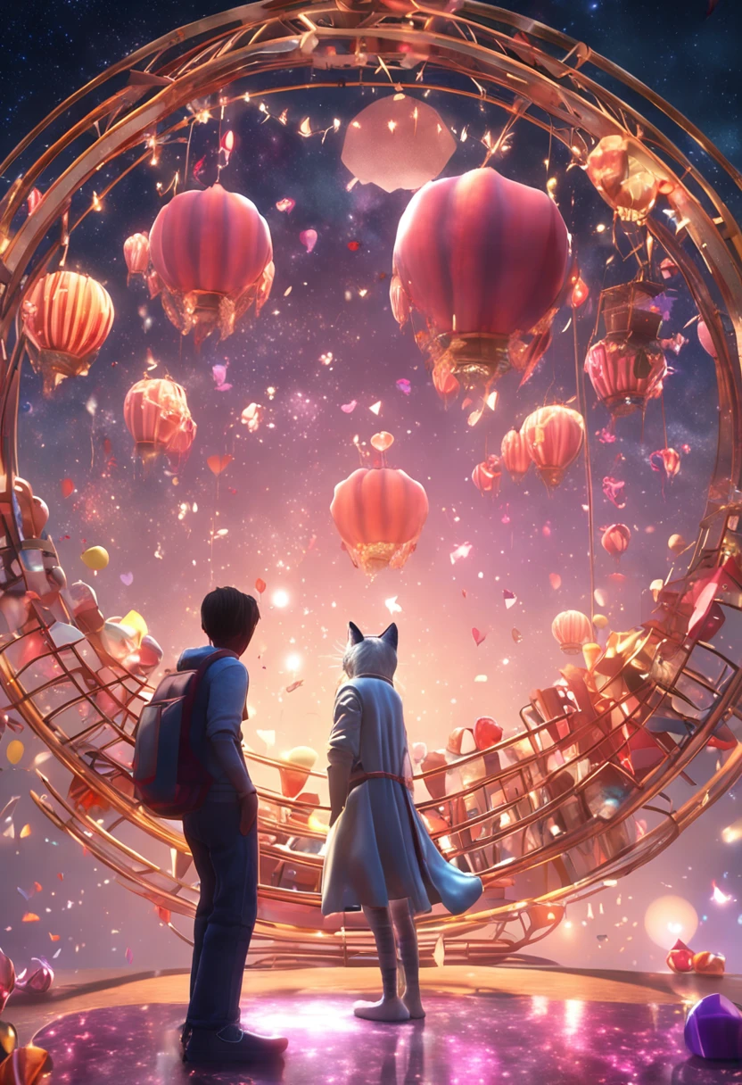 anime, gatinho bonito ,Corar, Feliz, preciso, Pirilampos, corpo inteiro, Ondas, Epic composition, magica, colorful magic circle, fantasia, Starry sky, retrato, ..3d, 16k, hyper realistic, High definition, ultra detalhado, Directed by: Ryusei Hase, sem antecedentes