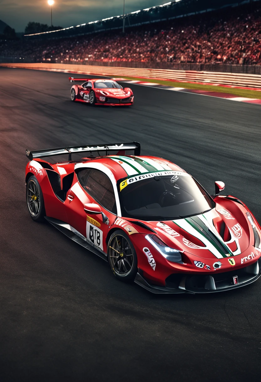 "an Quority(ferrari 488 gt3)Racing cars race around the city circuit at night,A breath of blood and speed。"