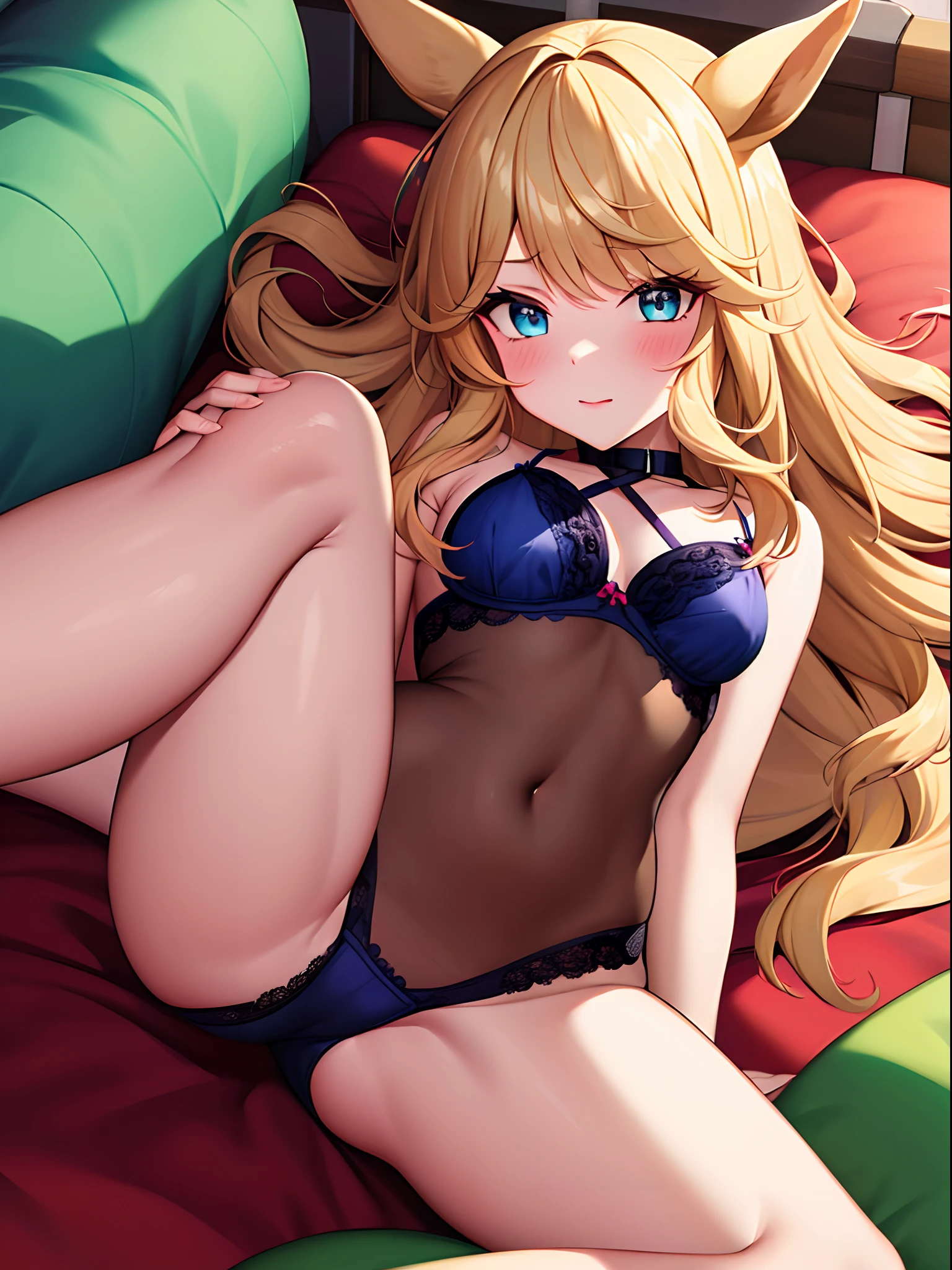 masterpiece,top-quality, Best Quality,anime illustrated,{{{1 woman}}},独奏,{{{Gold Shichi\Uma Musume}}},{{{horse ear}}},Golden long wavy hair, red blush,blue eyess,Nasty face,Gorgeous lingerie in black,Small,{{{{{Hide your hands behind your body}}}}},{{{Bold M-shaped legs}}},{{{laying on back}}},on the beds,Crotch focus
