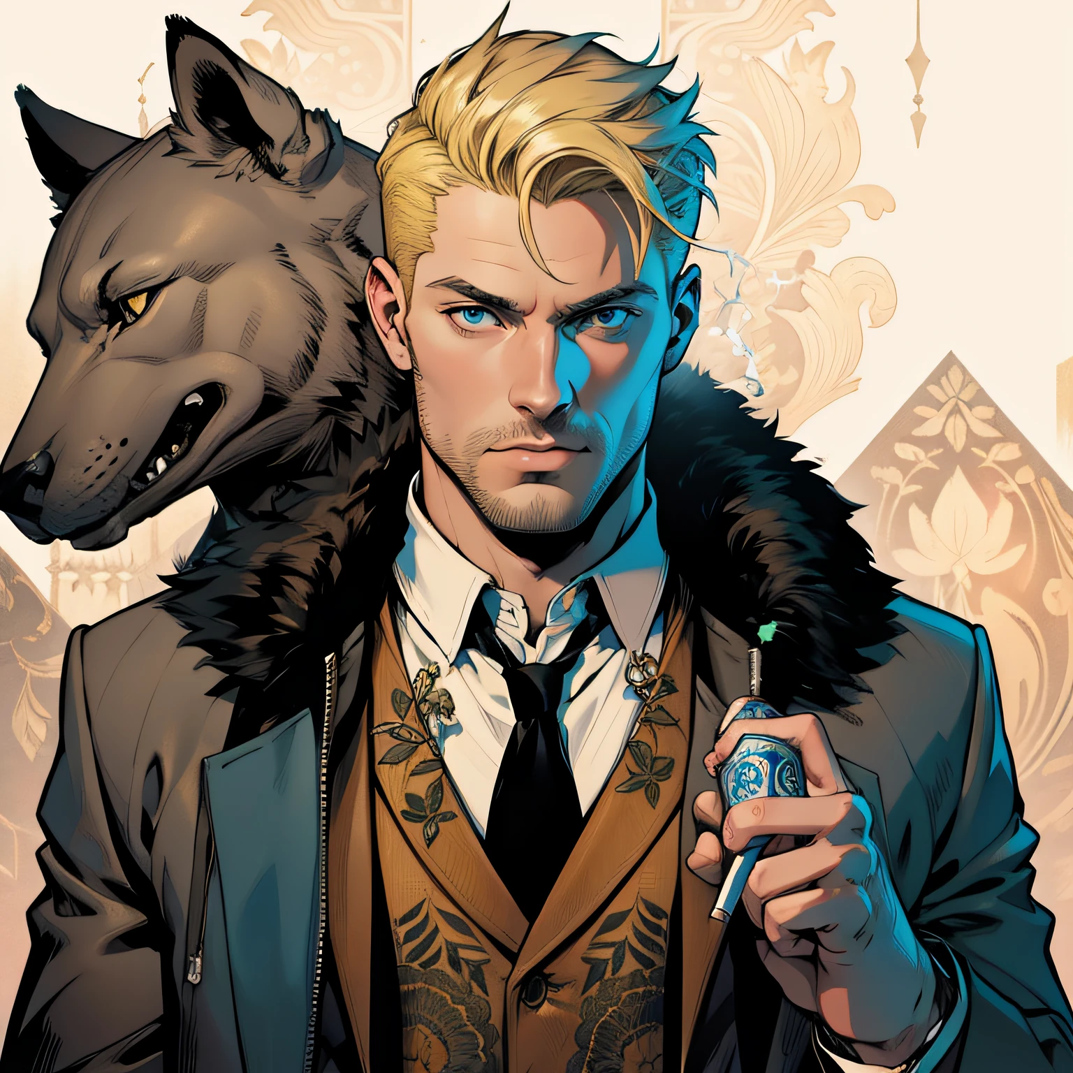 A man with a suit, blond short hair and holding a cigarette