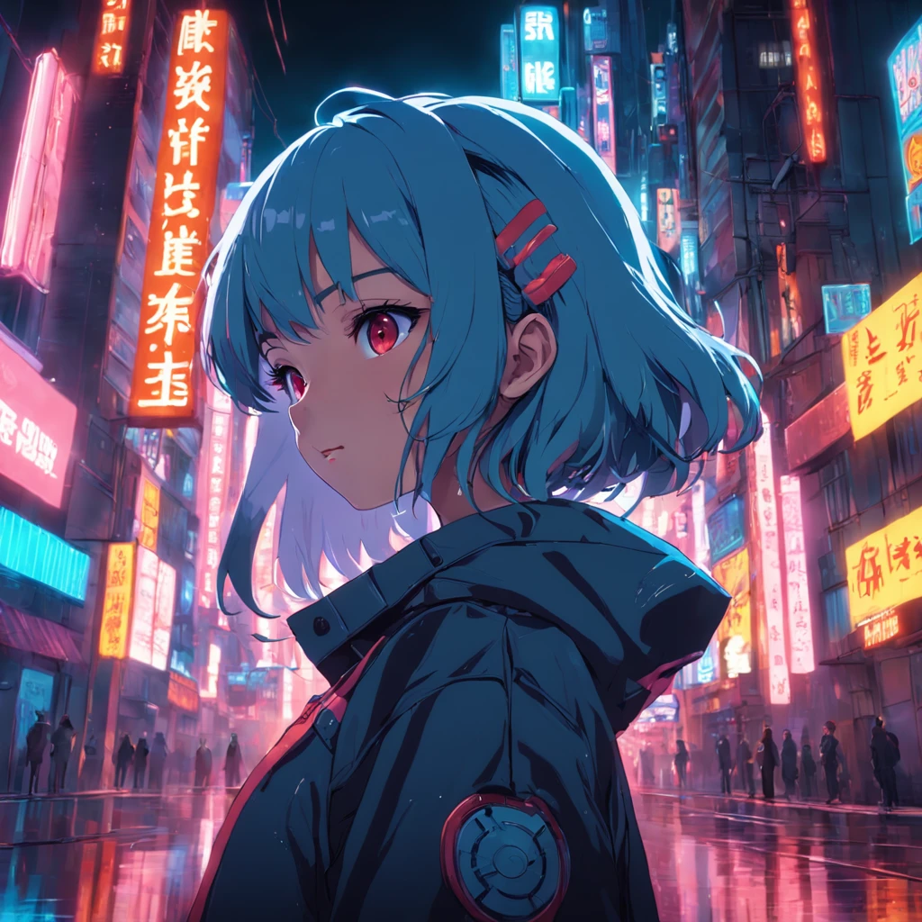 masterpiece, best quality, movie still, 1girl, cyberpunk girl, surrounded by buildings with neon signs, close-up, bright, happy, warm soft lighting, night
