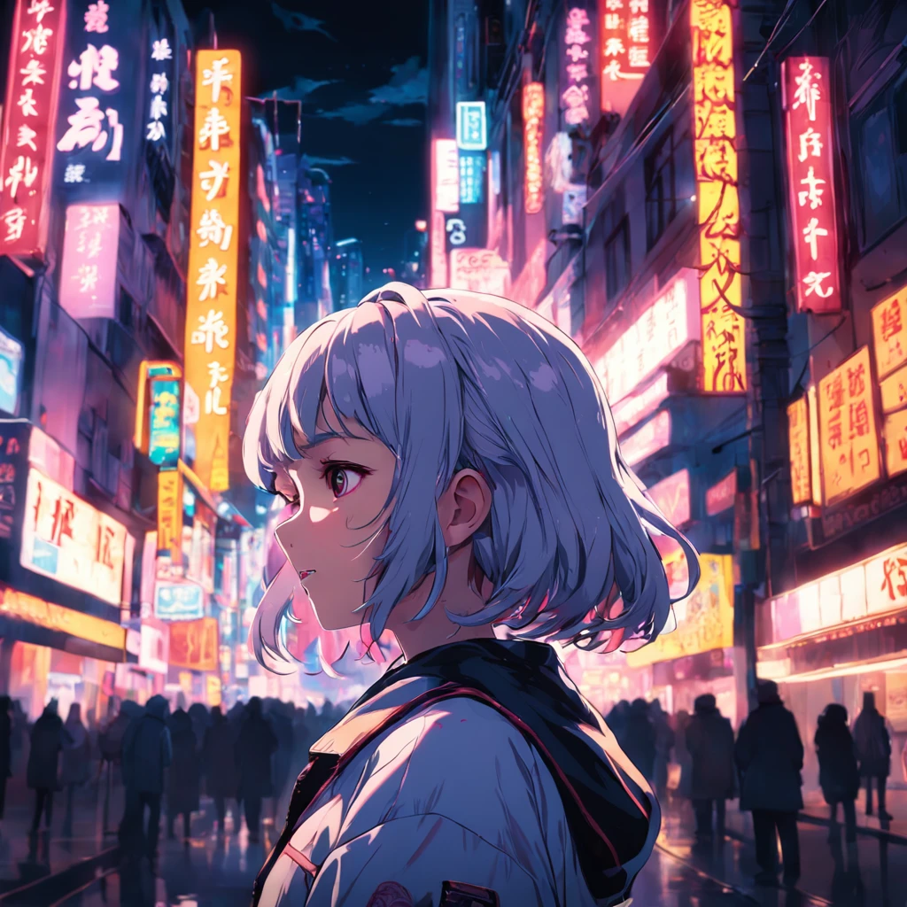 masterpiece, best quality, movie still, 1girl, cyberpunk girl, surrounded by buildings with neon signs, close-up, bright, happy, warm soft lighting, night