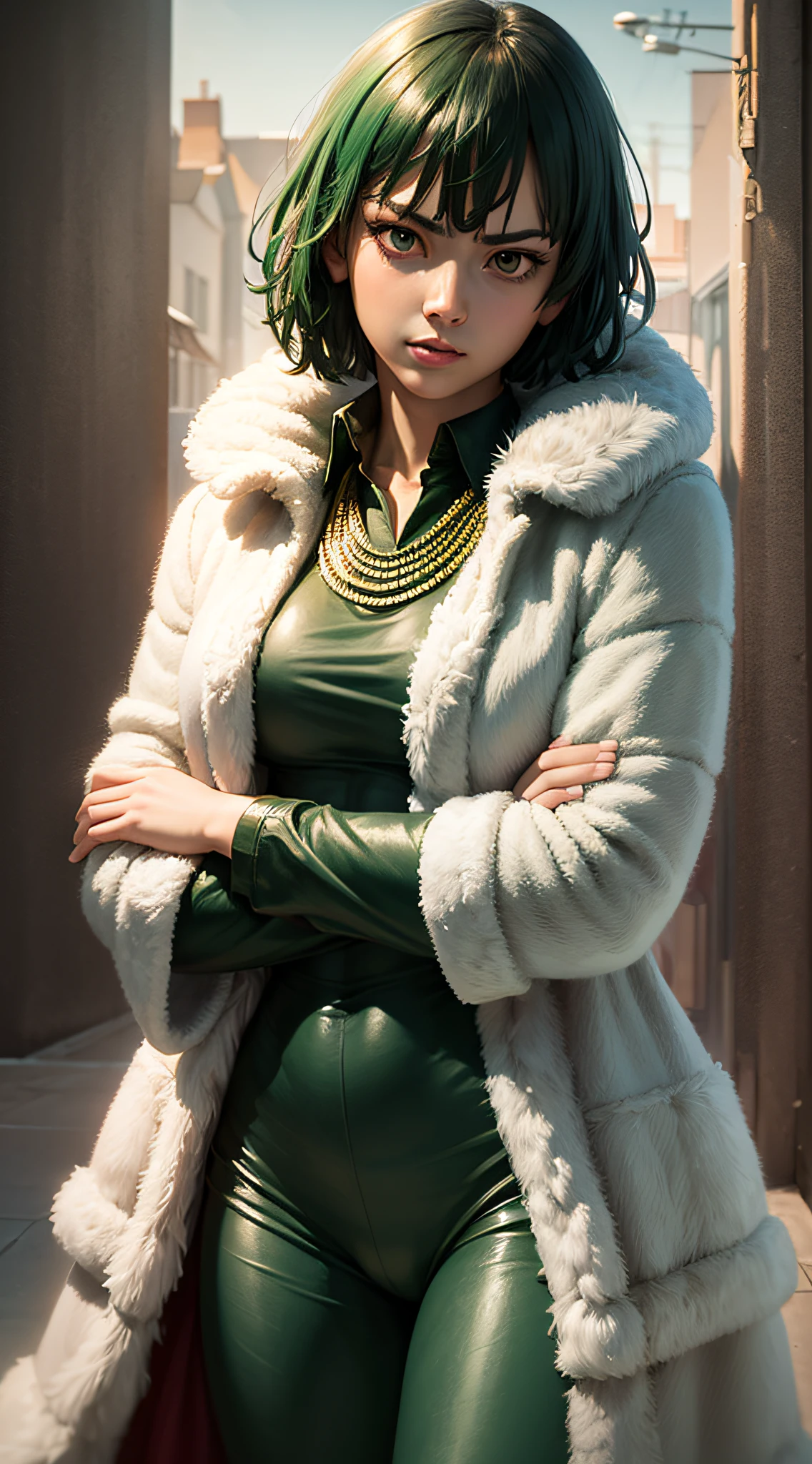 (masterpiece, best quality:1.2), cowboy shot, solo, 1girl, fubuki, expressionless, crossed arms, green hair, taut clothes, fur coat, jewelry, necklace