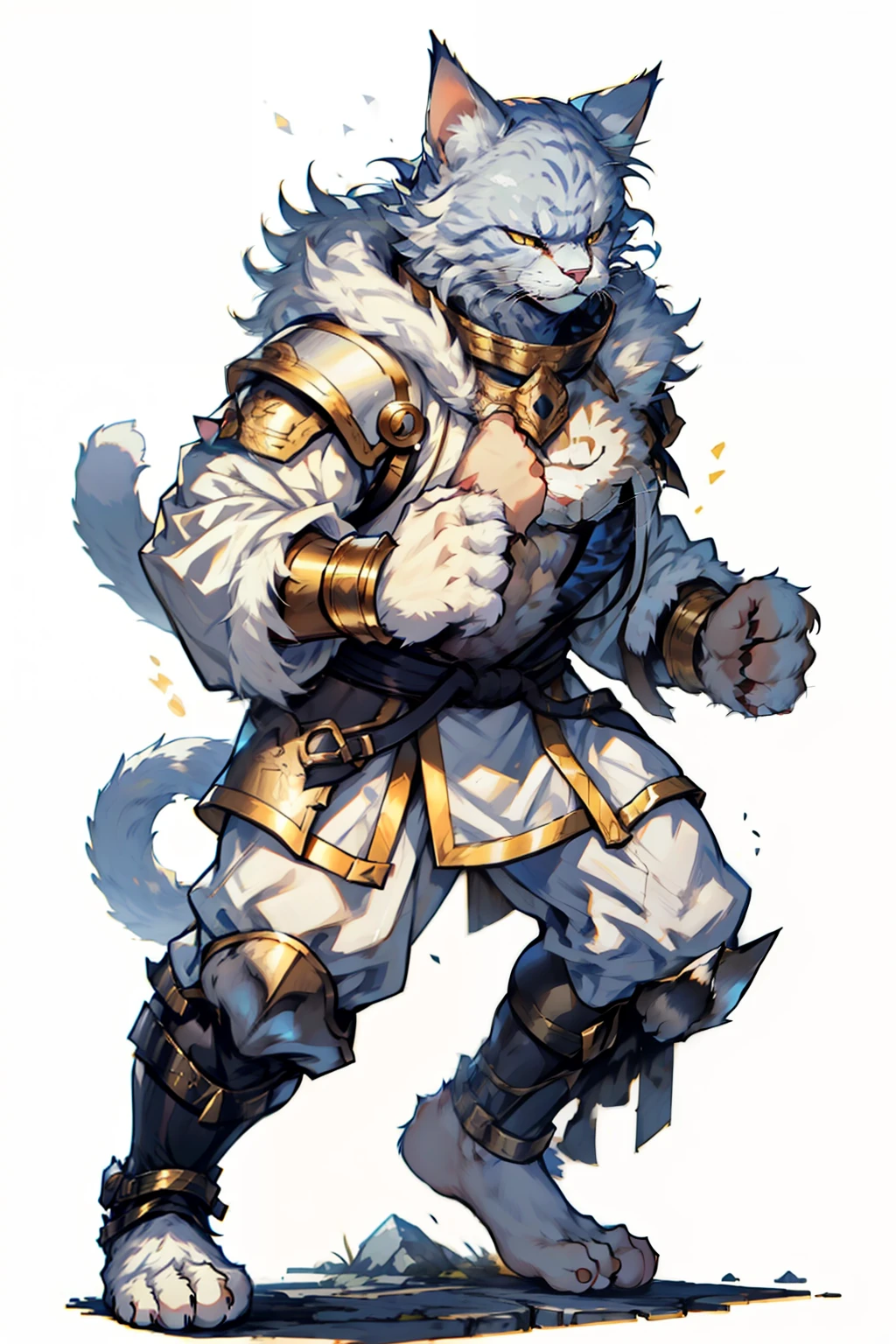 cat, cat face with whiskers, warrior, angry, berserk, full body to toes and feet, topless, grey furry, fur covering all over the body from head to toes to hand, claws, 1 long cat tail, hands are cat paws, street fighter, random boxing pose, cat ears, golden collar around the neck, golden ankle bracelet, golden wristband, golden shin pads, wearing a white puffy fur coat, wearing pure white long sleeves armored full -body jumpsuit, white background,