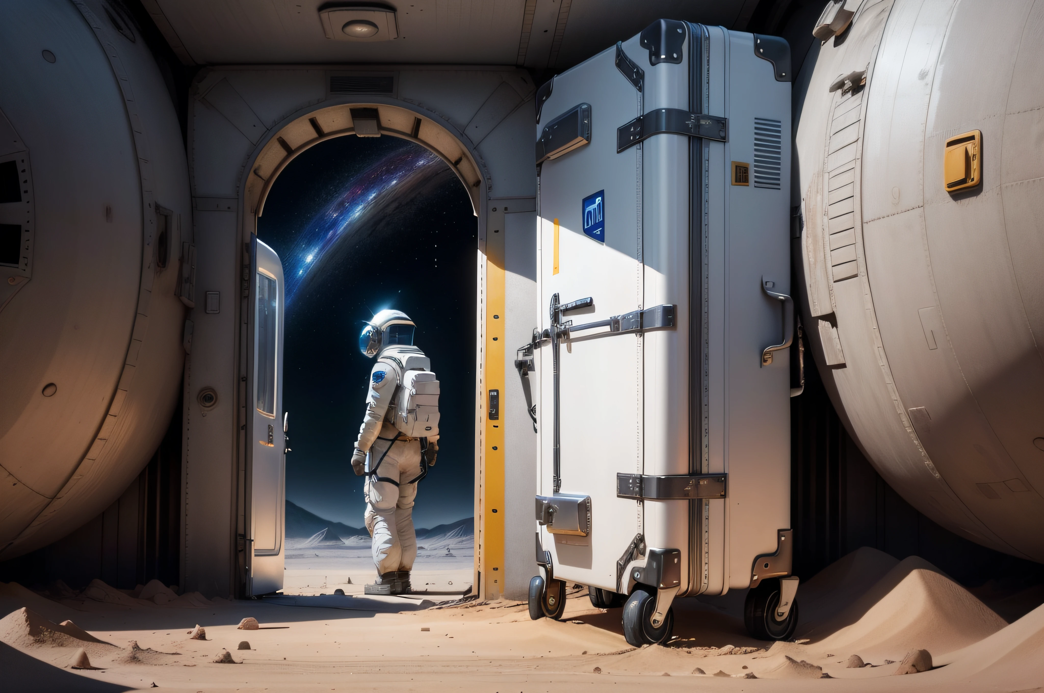 dusty stargates stand on the lunar surface, small space suitcases lie on the ground