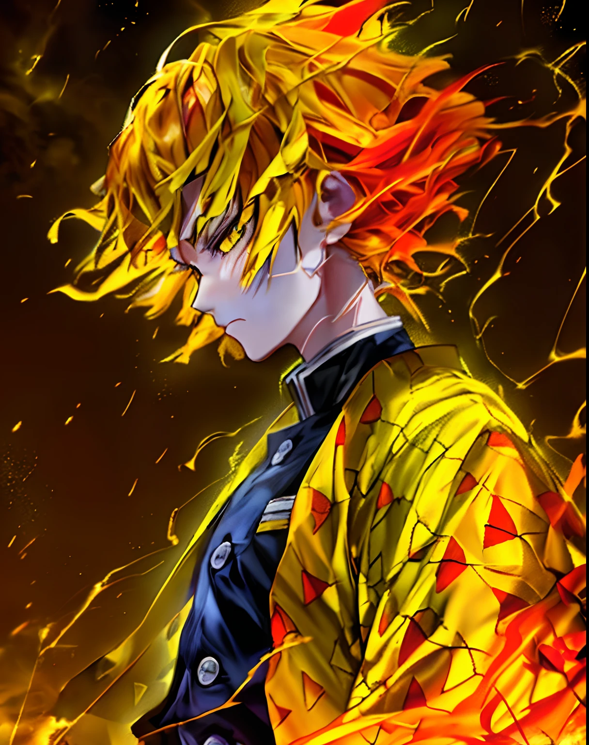 Anime character with yellow hair and yellow jacket standing in front of a fire, badass anime 8 k, Anime Wallpaper 4k, 4k anime wallpapers, 4 k manga wallpaper, Papel de parede anime 4k, Melhor Anime 4K Konachan Wallpaper, cara bonito na arte demon slayer, Anime Art Wallpaper 8K, Anime Art Wallpaper 4K, Anime Art Wallpaper 4K