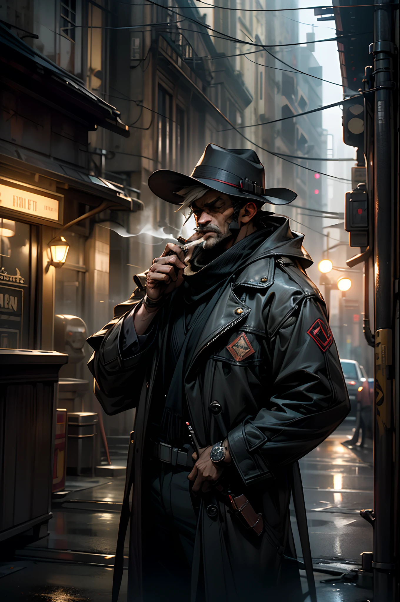 Detective in a brown hat and coat smoking a sigarro in a rainy alley with noir atmosphere leaning against a wall while smoking 8K rendering", octane rendering ", octane rendering", super detailed rendering, Super octane rendering, hyper-detailed 3D rendering , Cyber --auto