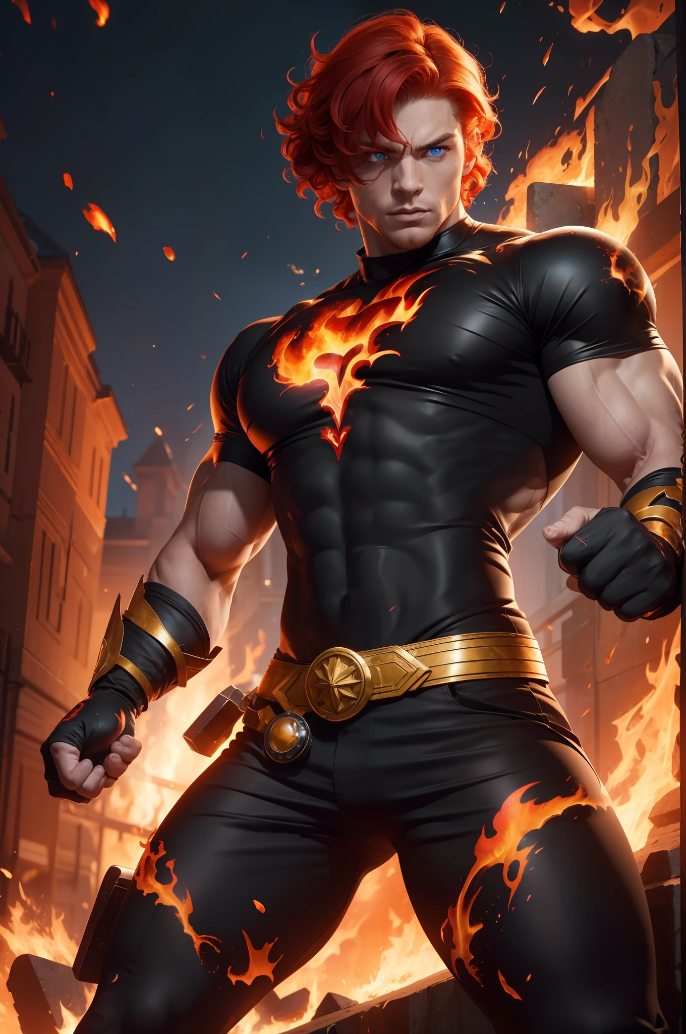 super-hero, muscular man, 25-year old, curly red hair, blue eyes, red and yellow tights, ((tight black shirt)), with flame tattoos on arms and back, black fingerless gloves, flames bursting out of his hands, surrounded by fire, photorealistic, particle effects, raytracing,