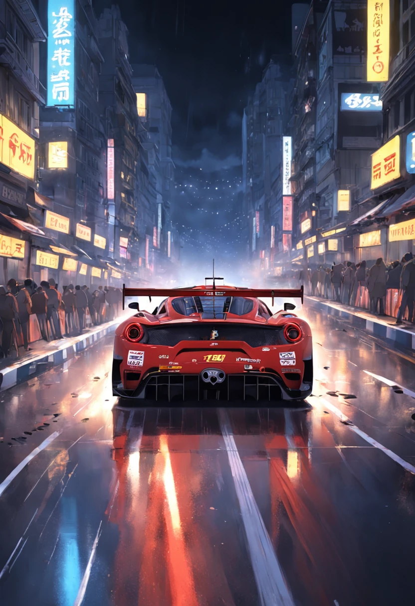 "an Quority(ferrari 488 gt3)Racing cars race around the city circuit at night，A breath of blood and speed。"