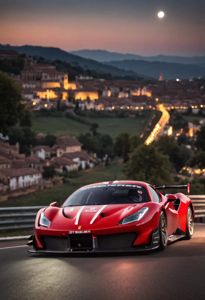 "an Quority(ferrari 488 gt3)Racing cars race around the city circuit at night,A breath of blood and speed。"