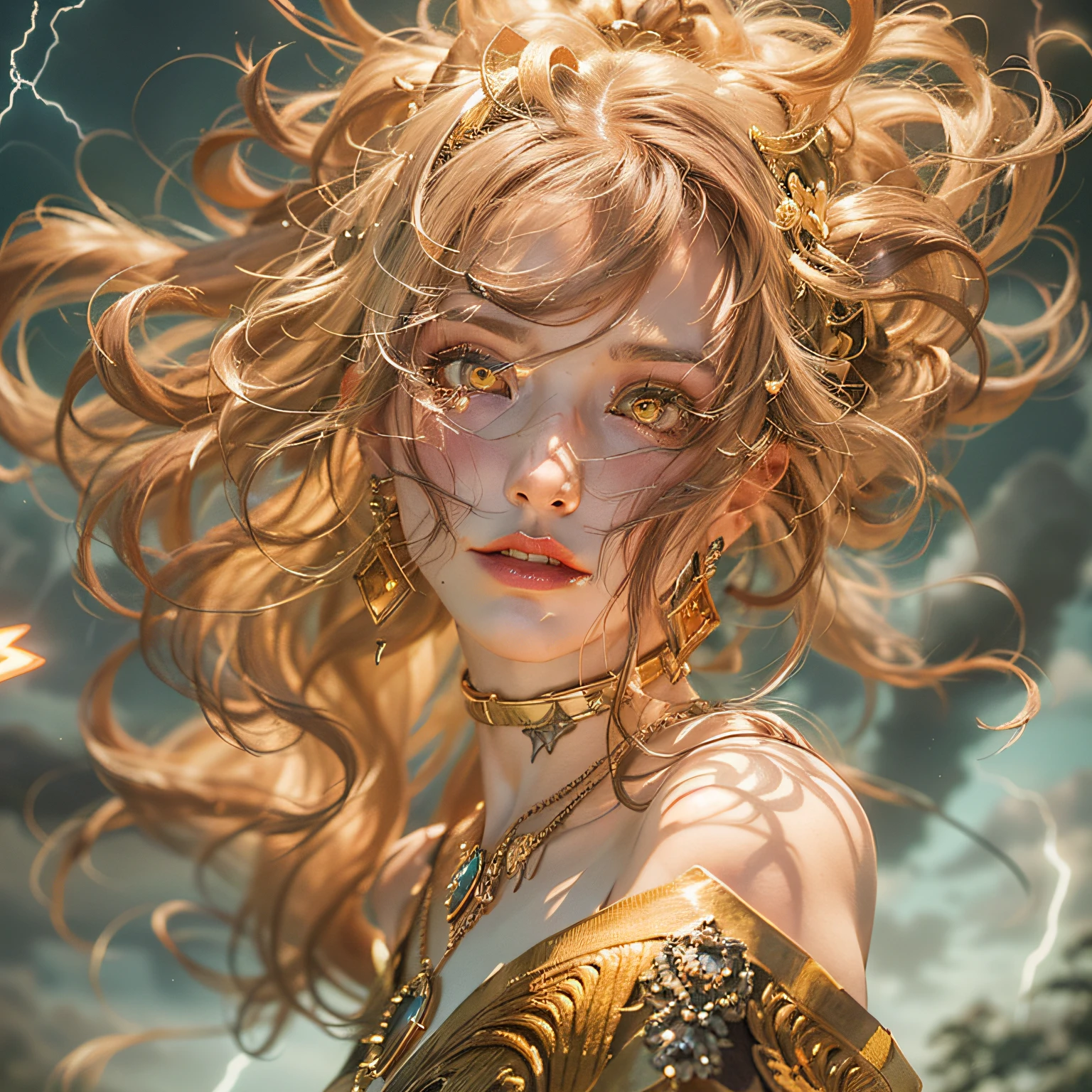 (Numerous award-winning masterpieces of, With incredible details, textures and maximum detail), (Ultra photo realsisim:1.4), (Realistic:1.3), (best quality real texture skin), (Fine true circle Symmetrical eyes), finerly detailed face, ((medieval world)), ((The devil of the Lord Thunder)), ((The Lord's lightning demon)), (The eyes burned with bright golden eyes), (She has a mischievous smile on her face), (Eyes that glow golden in the dark:1.5), (A pair of golden eyes,An intense golden glow emanates from the inside:1.5), Bio-luminescence, (full-body standing image:1.5), (gives full-body standing image:1.4), (Lightning and strong winds swirl in the background), (Dramaticlight), (A majestic sight), (Her countenance is gentle and beautiful, but somehow terrifying), Glass earrings on the ears, (Dramatic photo:1.4), (Seduction pose), ((dramatic pose)), (flamboyant photo), (Golden hair), (Silver hair), (maroon hair), short detailed hair, ((head looking up)), ((Looking down)), (Around her neck is a simple necklace of exquisite workmanship), (Bio-luminescence,Brilliant light:1.1), (Use gorgeous lightning magic:1.4), (Spinning thunderbolts), The Great Temple of the Devil, The Devil's Grand Shrine, great temple, great cathedral, Temple ruins, detached temple, (Luminous magic circle), Ancient Castle Site, Shining majestic cloud masses and sky, salama, epic realistic, Faded, Girly art, (greg rutkovsky:0.8), (Teal and orange:0.4), (Art Station:1.5), Cinematic, ((com cores neutras)), (hdr:1.5), (pastel colour:1.2), ultra - detailed, Dramaticlight, (Intricate details:1.1), the complex background,