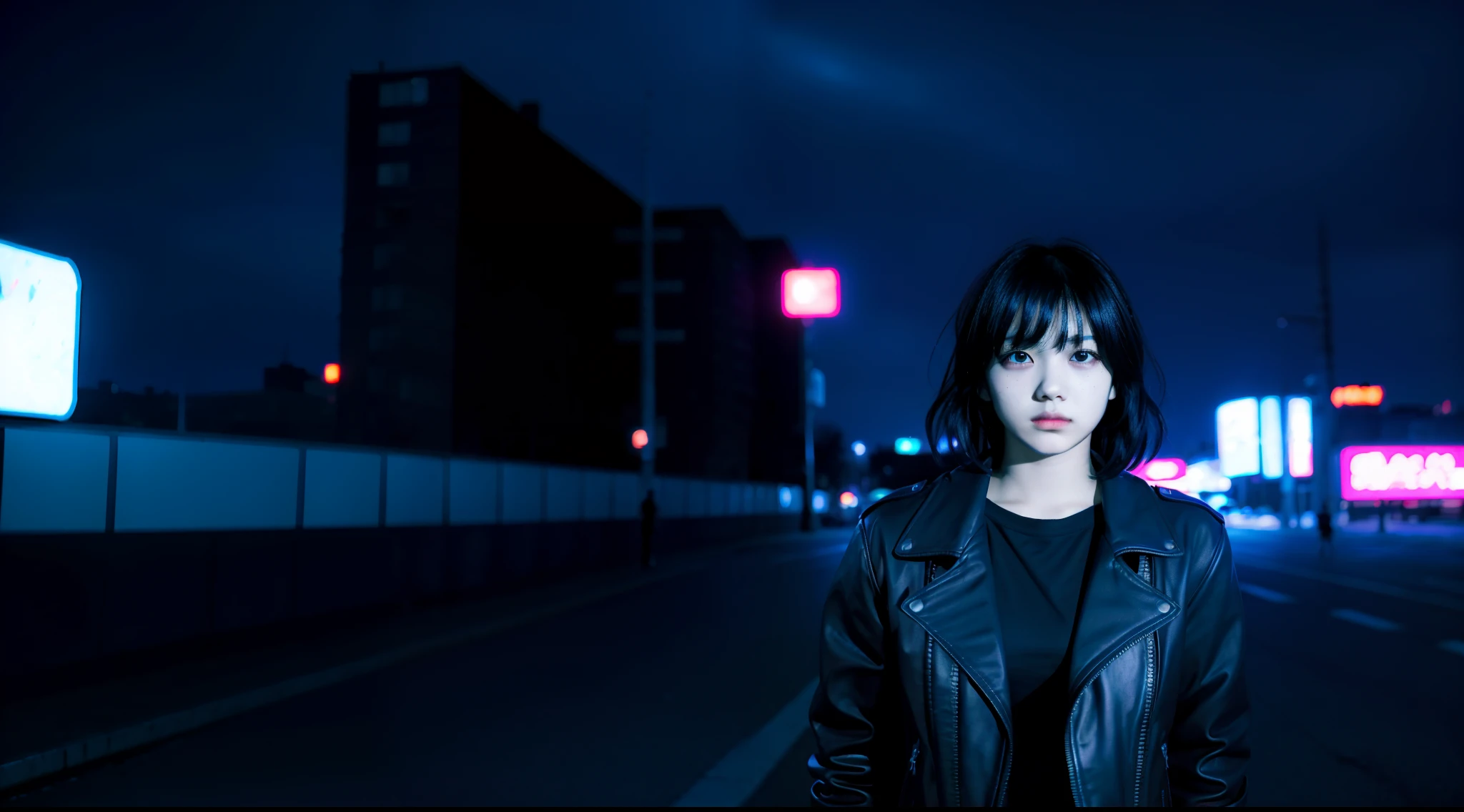 Dark atmosphere,Japanese girl standing alone,A Dark Future,Akira anime,with black hair,beatiful face,in a black leather jacket in the night city by the light of neon