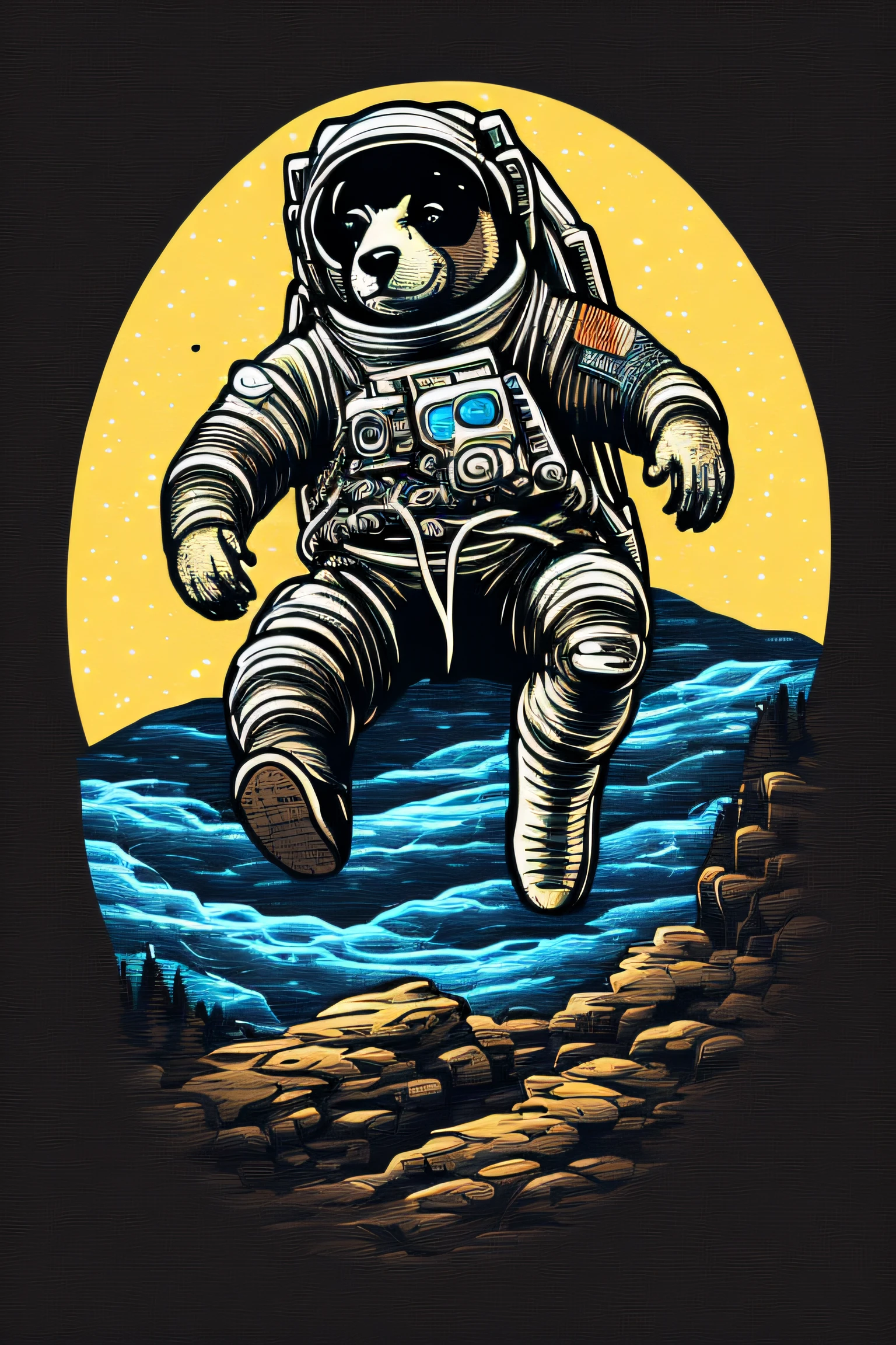 An astronaut sitting on a rock in a relaxed position, with a bear, in a circle, with black background and art vector style, in a vibrant and characteristic sunset, with detailed and sharp outline, as a t-shirt logo in the style of art