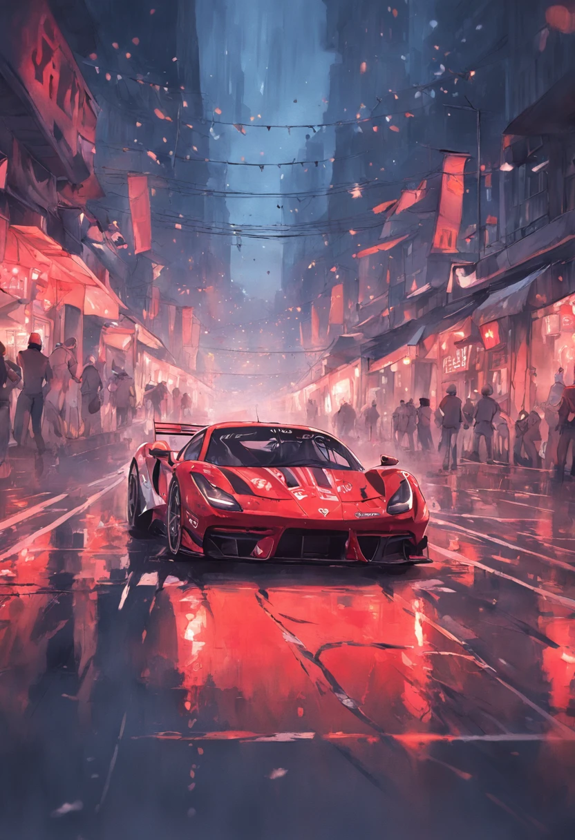 "an Quority(ferrari 488 gt3)Racing cars race around the city circuit at night，A breath of blood and speed。"