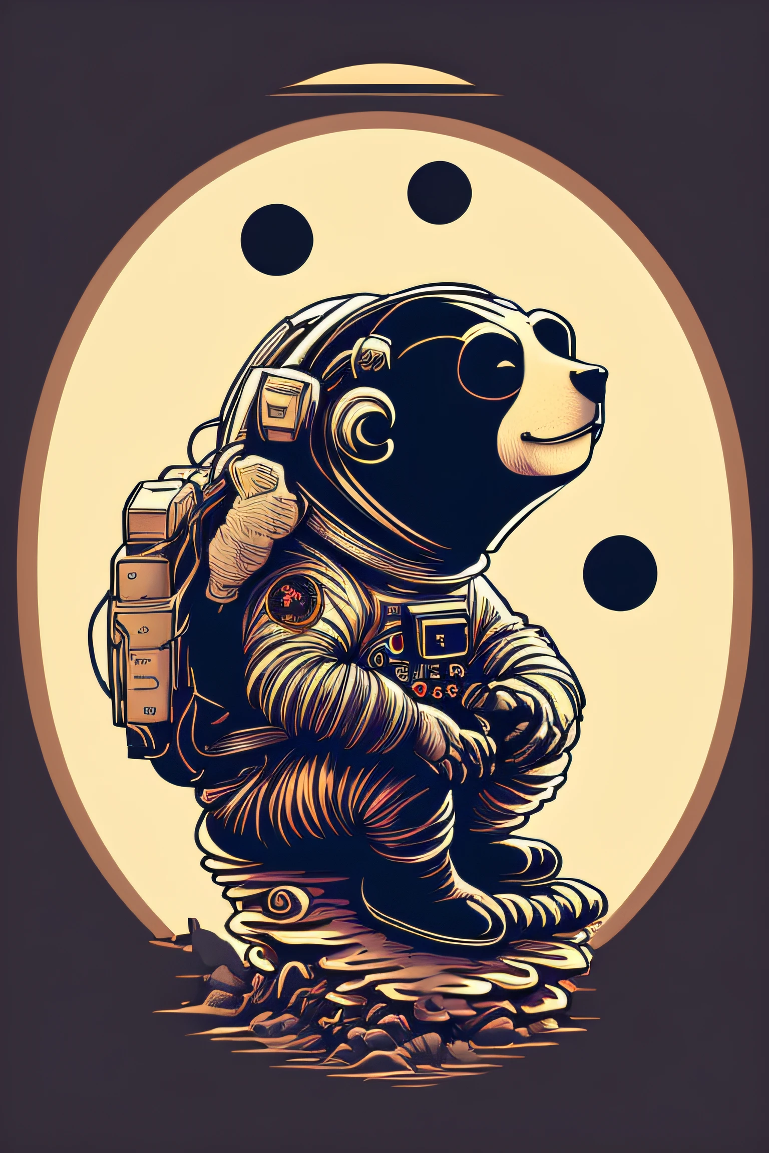 An astronaut sitting on a rock in a relaxed position, with a bear, in a circle, with black background and art vector style, in a vibrant and characteristic sunset, with detailed and sharp outline, as a t-shirt logo in the style of art