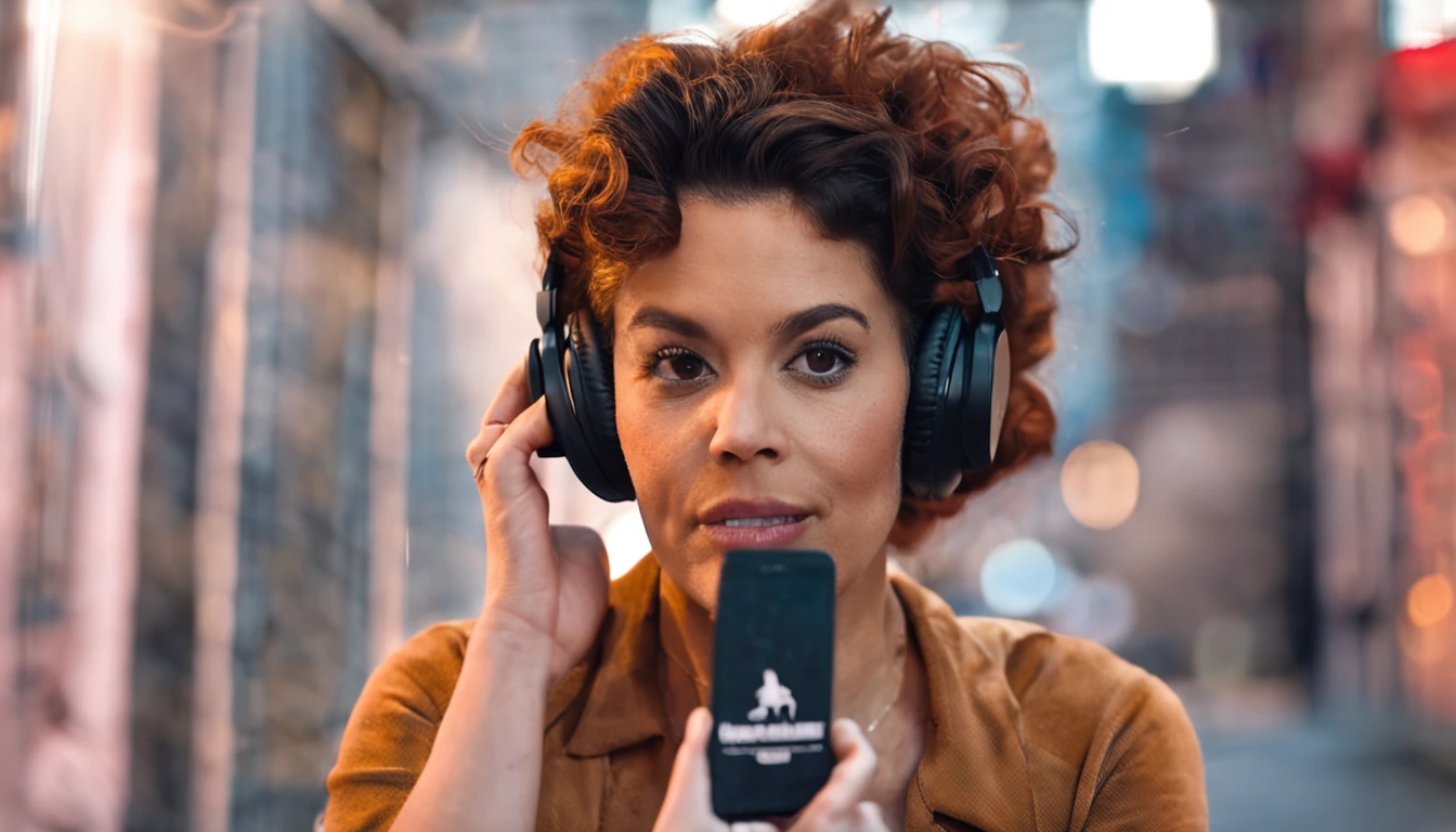 mulher fazendo um podcast, com fones de ouvido, behind a microphone, mulher loira, cabelo longo, red-lips, com grandes peitos, foto realista, fotorrealista, 16k, alta resolução, olhando para o telespectador