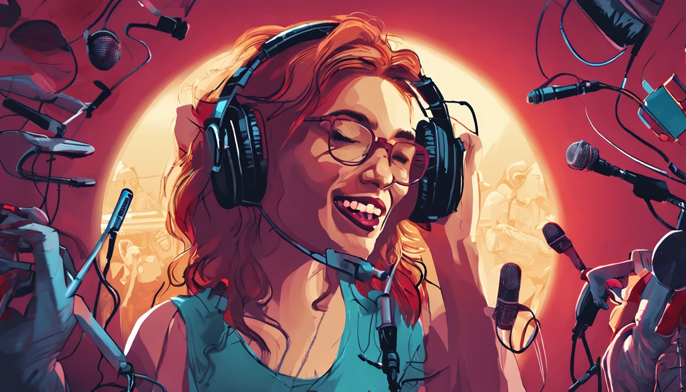 mulher fazendo um podcast, com fones de ouvido, behind a microphone, mulher loira, cabelo longo, red-lips, com grandes peitos, foto realista, fotorrealista, 16k, alta resolução, olhando para o telespectador