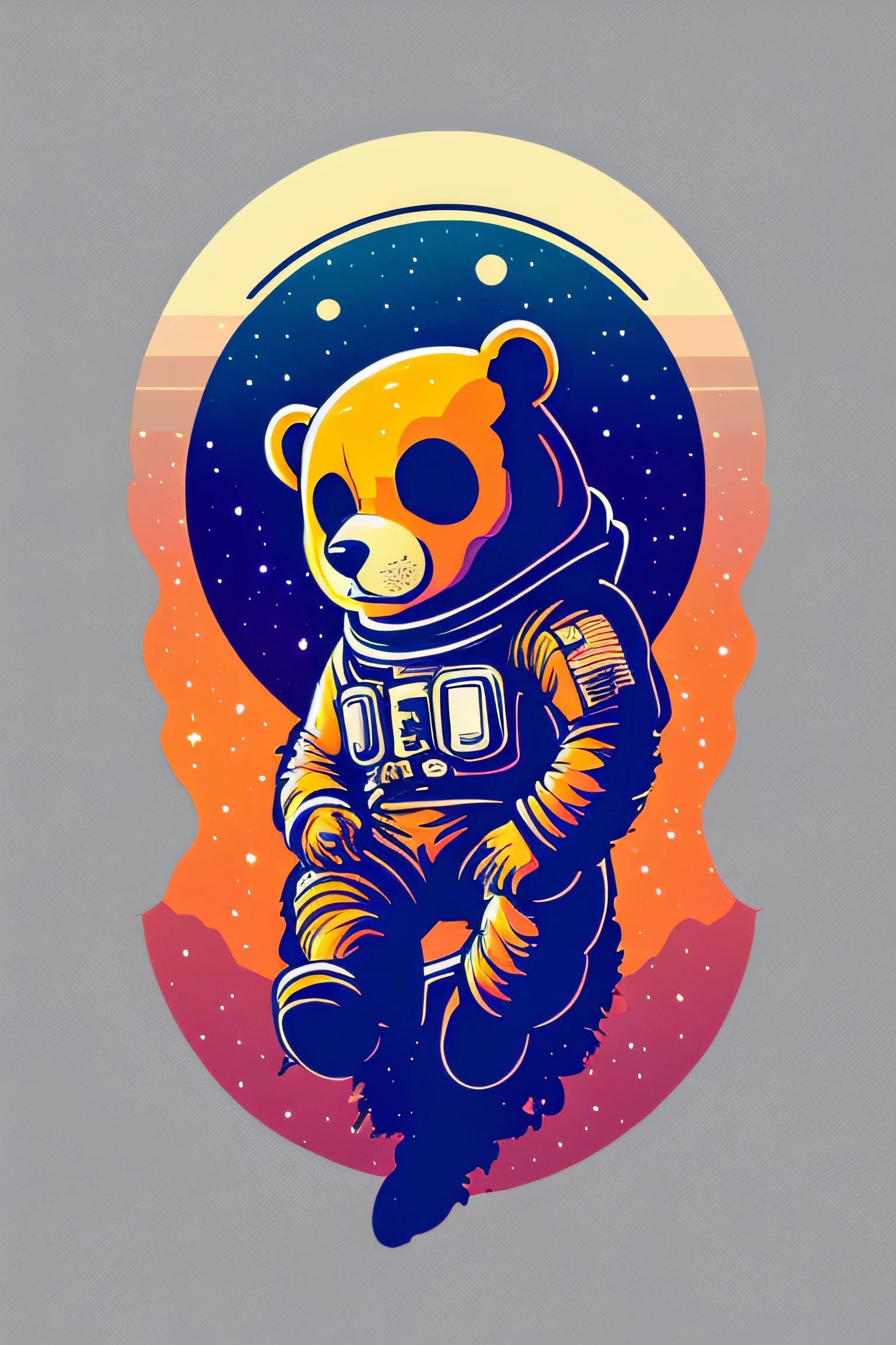 An astronaut sitting on a rock in a relaxed position, with a bear, in a circle, with black background and art vector style, in a vibrant and characteristic sunset, with detailed and sharp outline, as a t-shirt logo in the style of art