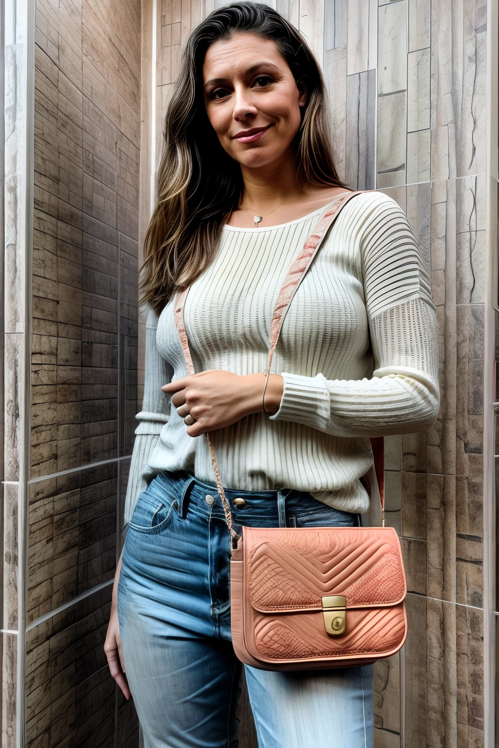 viginal woman, caucasian, fully-clothed, RAW paparazzi photo, Quilted crossbody bag, photo, (high detailed skin:1.4)