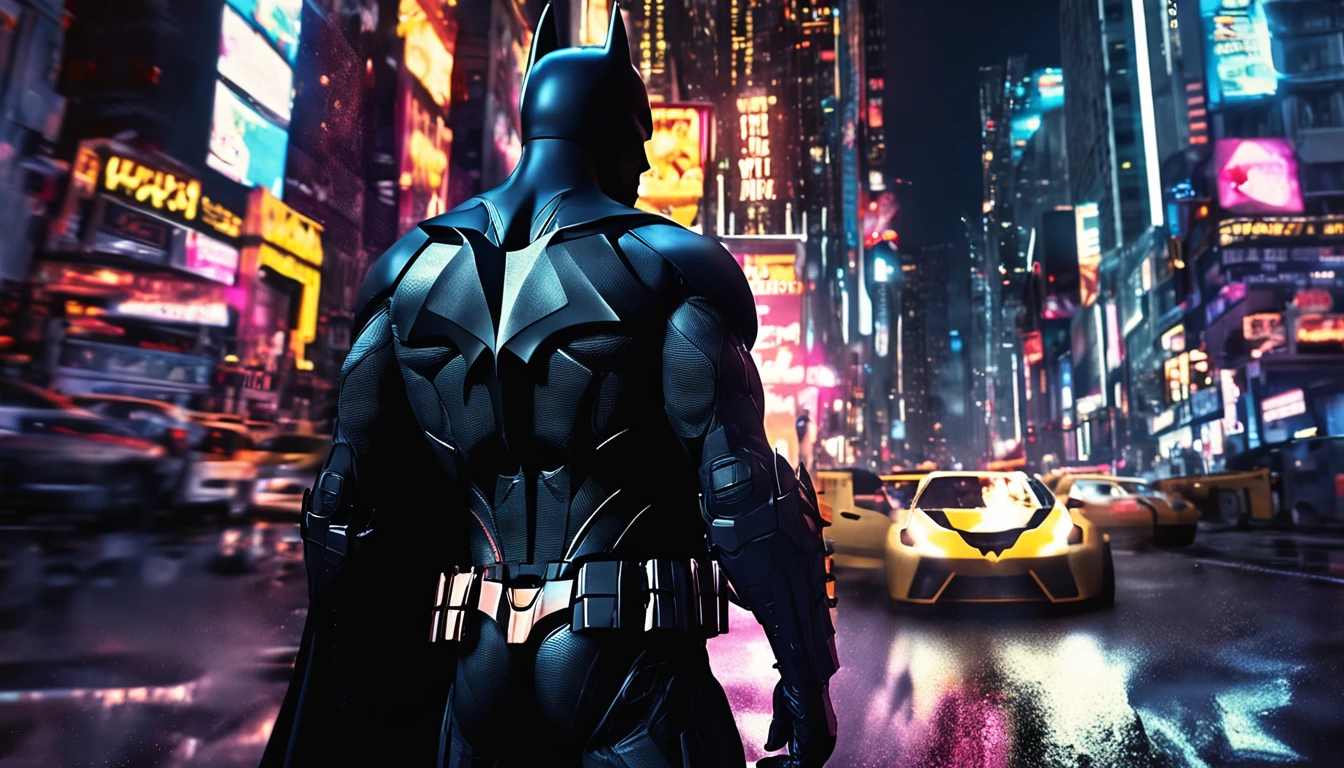 Batman in brushed steel uniform, cybernetic, His uniform is reflective, Robocore, Neon, Blurry city lights in the background, It's dark night, movie scene, DARK SETTING, palette colors, conveying the exotic