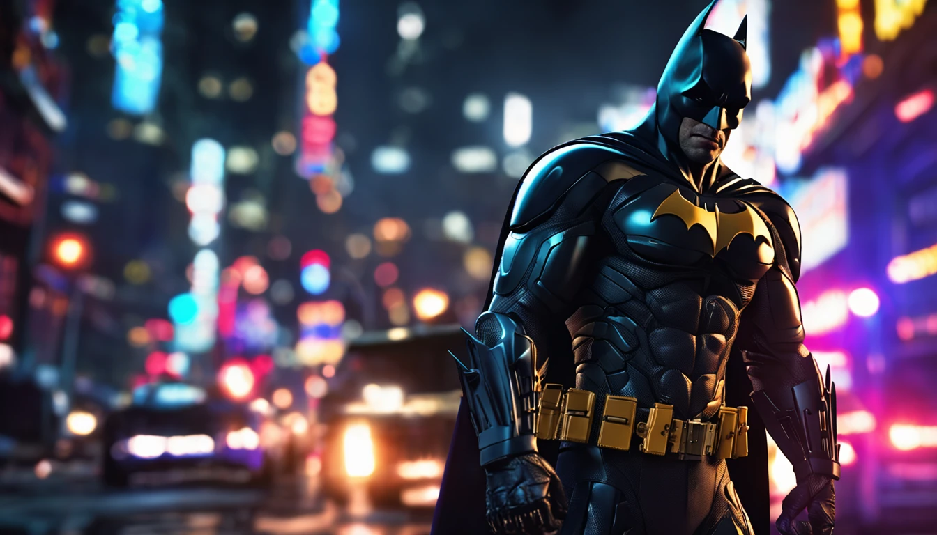 Batman in brushed steel uniform, cybernetic, His uniform is reflective, Robocore, Neon, Blurry city lights in the background, It's dark night, movie scene, DARK SETTING, palette colors, conveying the exotic