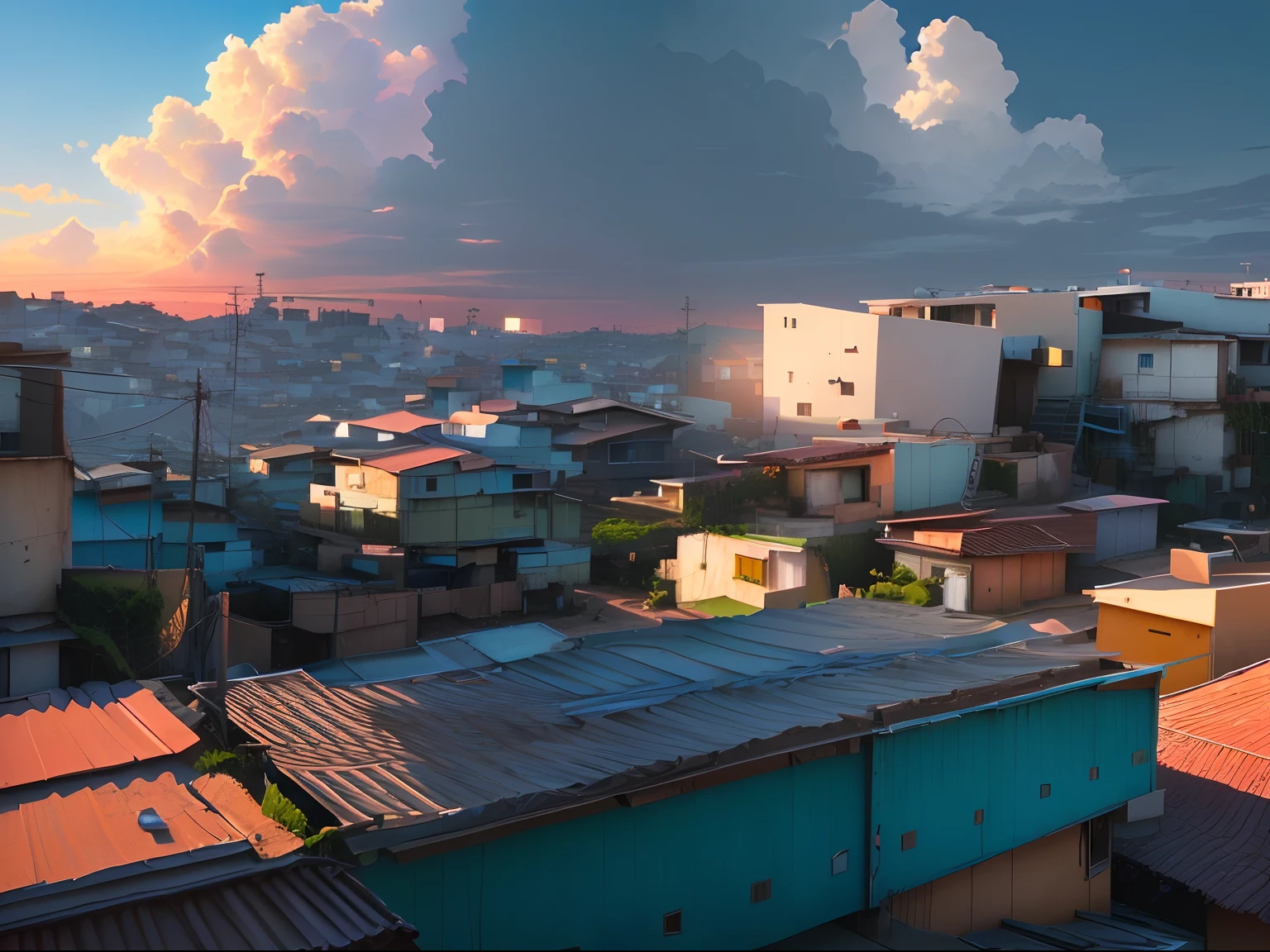 favela anime, extremamente colorida, blue skies, dia insolarado, House with LED lighting, Cyberpunk Contemporary Architecture